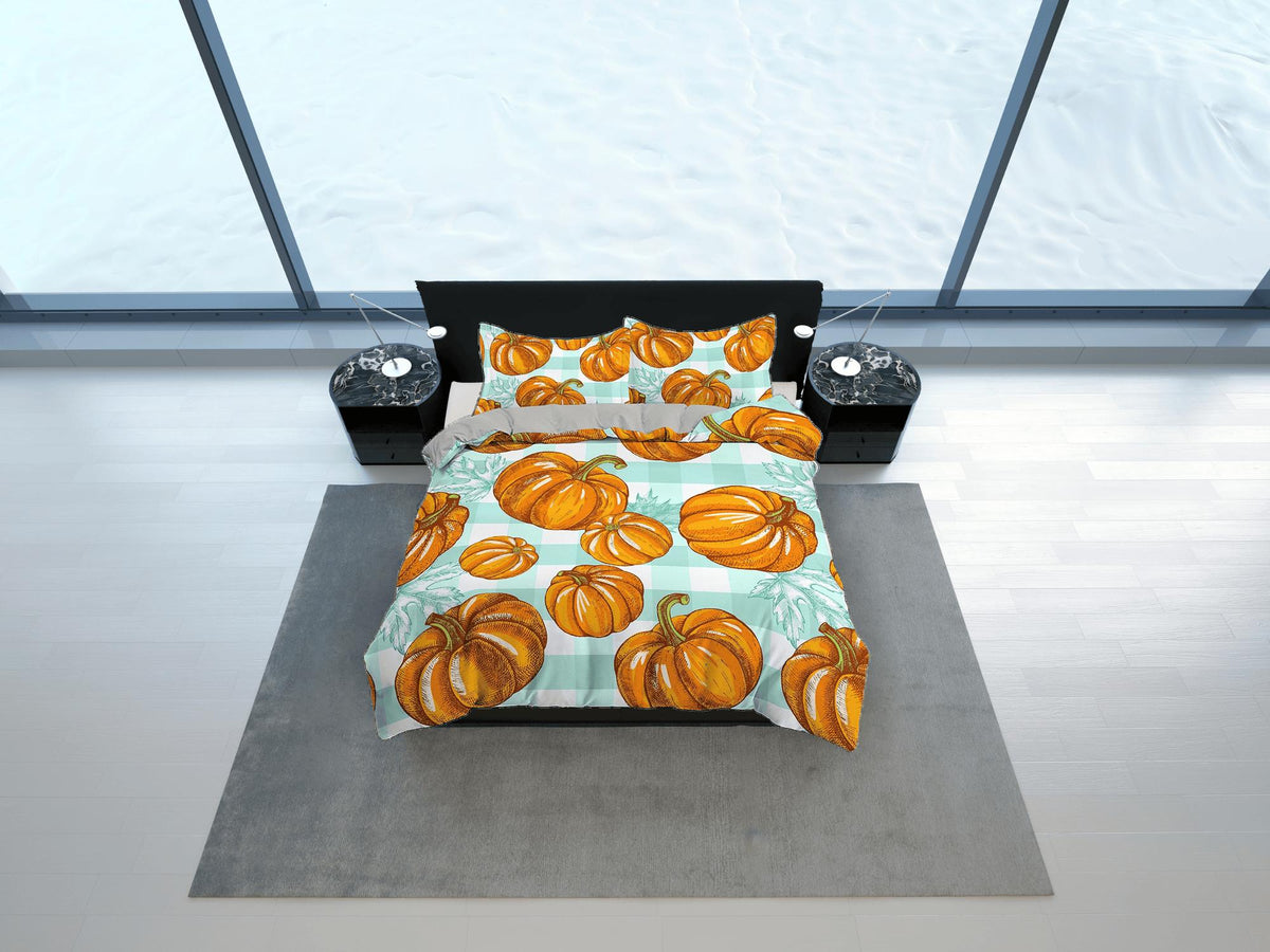 daintyduvet Vintage pumpkin gingham plaid halloween full size bedding & pillowcase, duvet cover set dorm bedding, shabby chic bedding, halloween gift