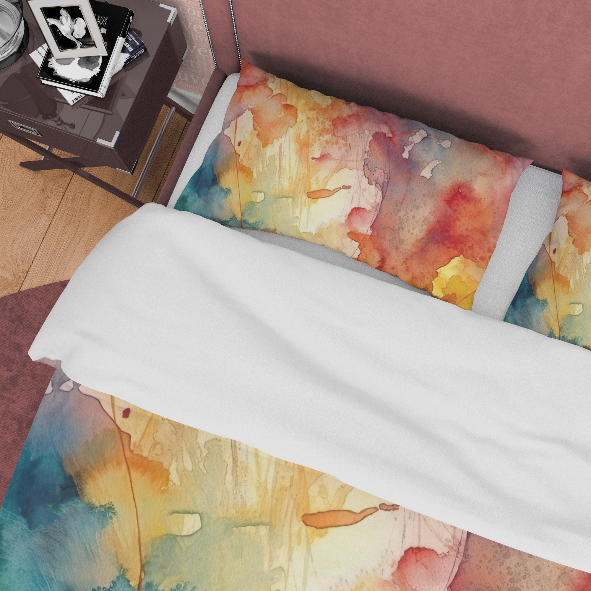 Watercolor Abstract Autumn Duvet Cover Fall Bedding Set, Neutral Color Painting Aesthetic Quilt Cover, Boho Bedspread, Printed Bed Cover