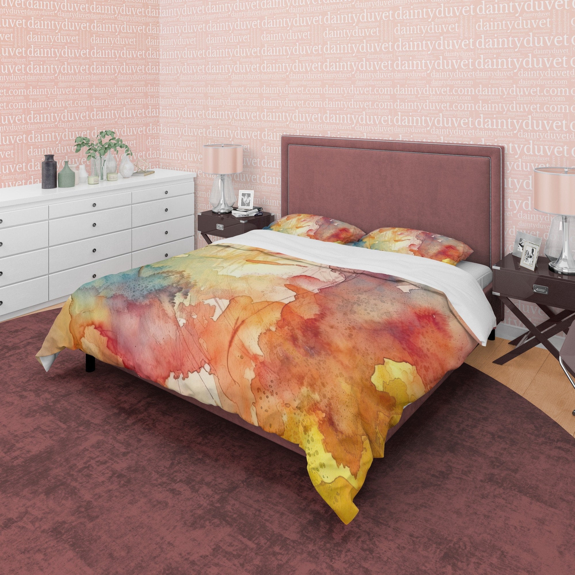 Watercolor Abstract Autumn Duvet Cover Fall Bedding Set, Neutral Color Painting Aesthetic Quilt Cover, Boho Bedspread, Printed Bed Cover