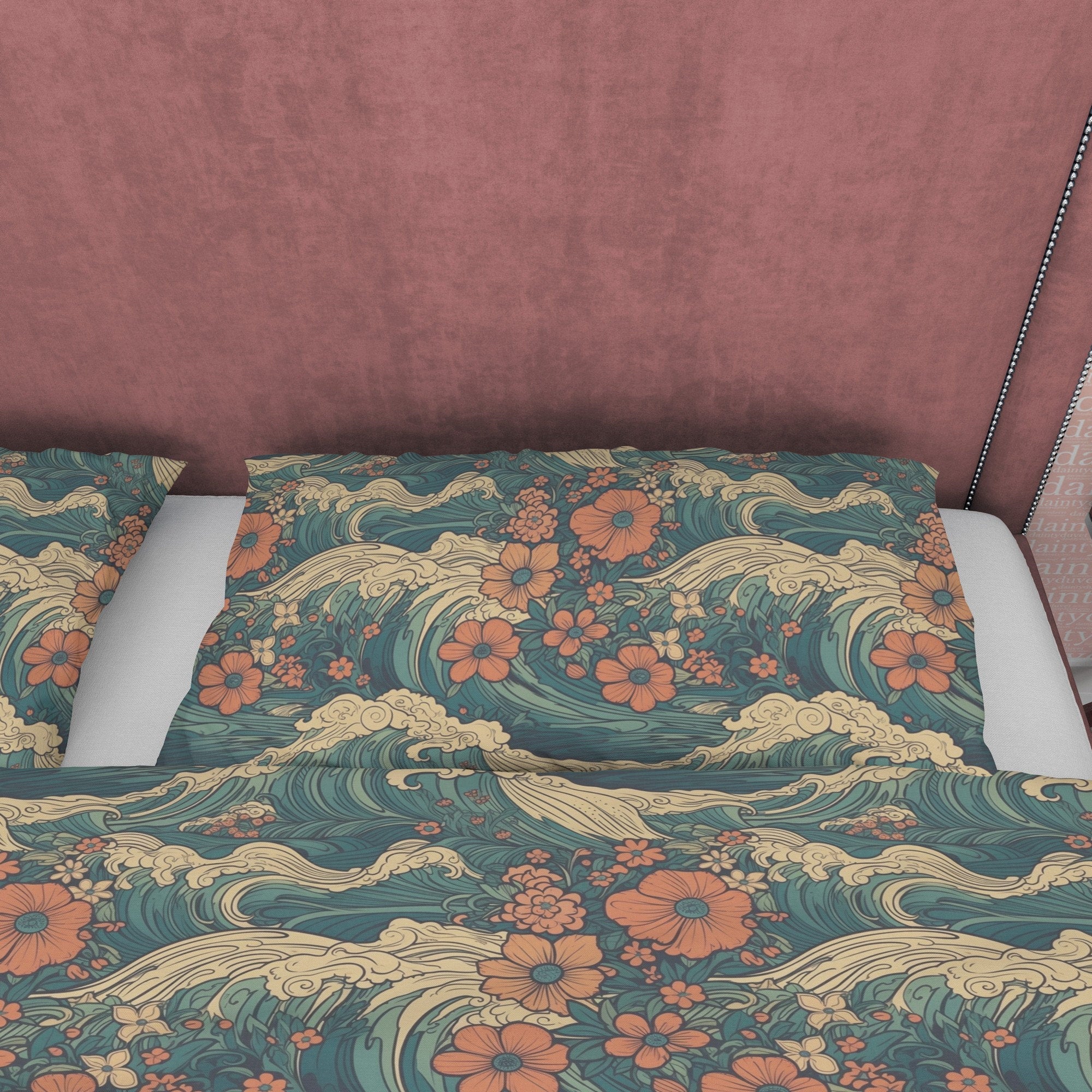 Wavy Floral Retro Bedding Set, Green Duvet Cover, 70s Nostalgia Quilt Cover, Vintage Bedspread, Unique Bed Cover, Zipper Bedding