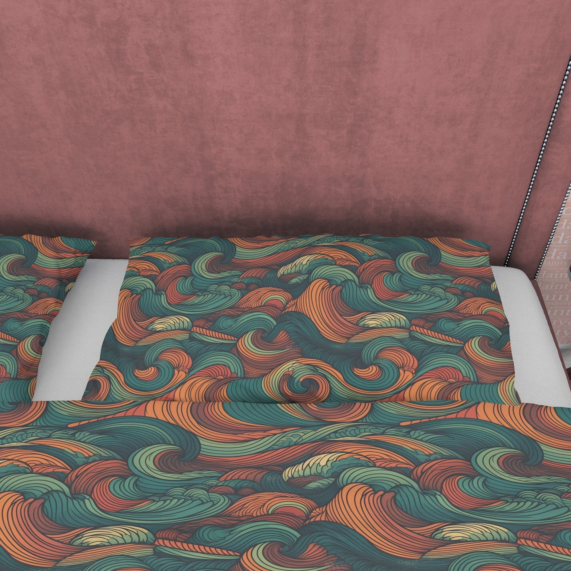 Wavy Green Retro Bedding Set, Abstract Blanket Cover Vintage Duvet Cover, Green Quilt Cover, Unique 70s Nostalgia Bedspread, Zipper Bedding