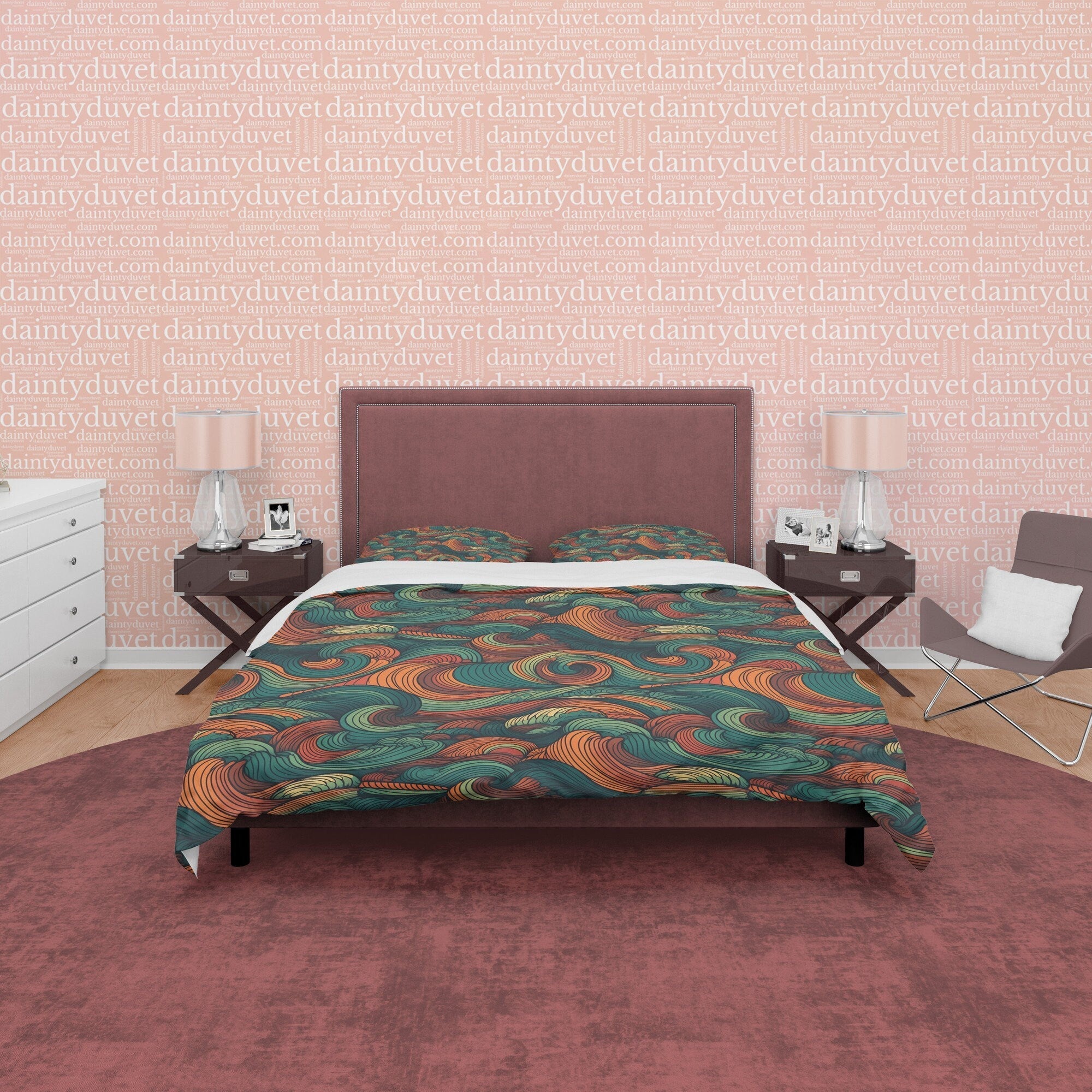 Wavy Green Retro Bedding Set, Abstract Blanket Cover Vintage Duvet Cover, Green Quilt Cover, Unique 70s Nostalgia Bedspread, Zipper Bedding