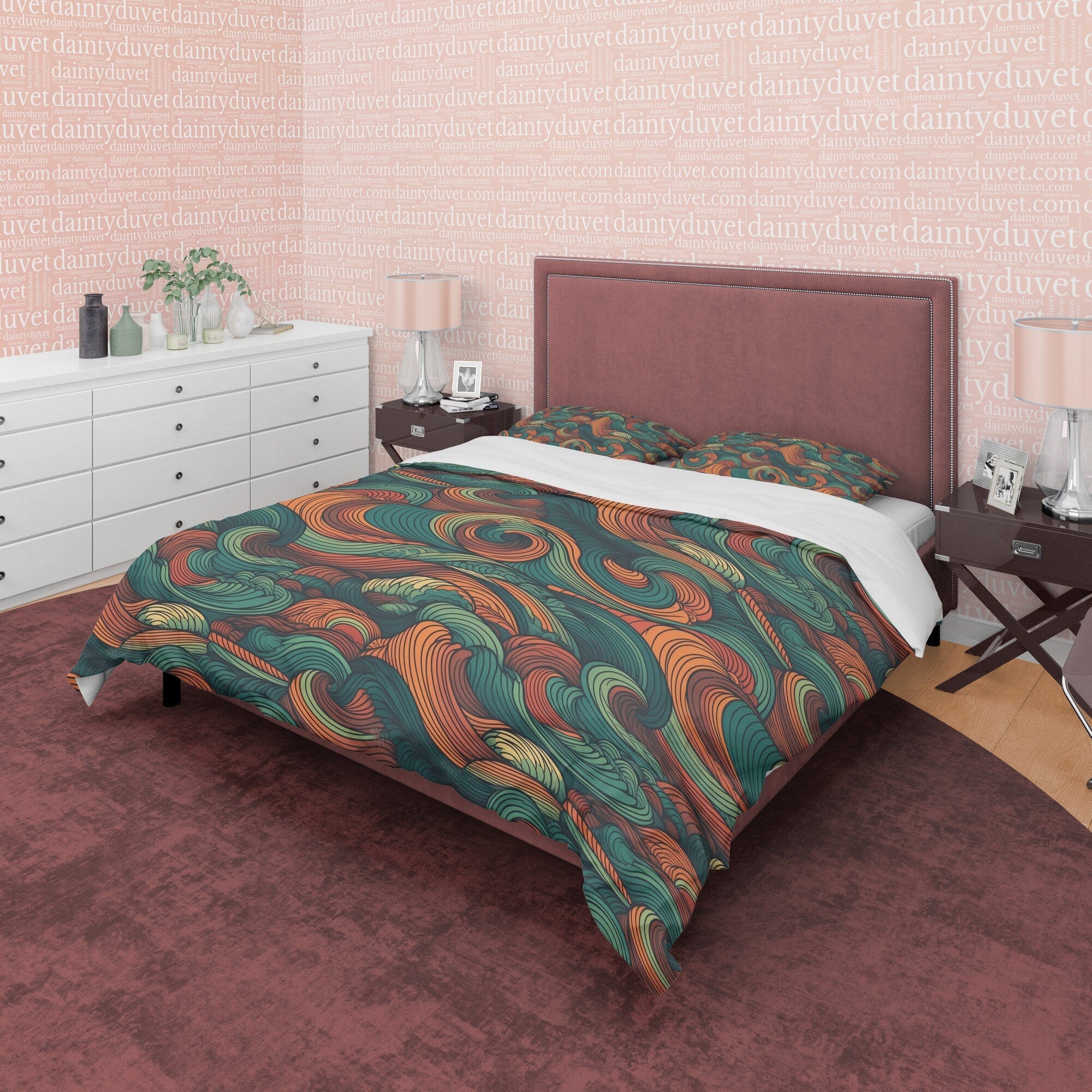 Wavy Green Retro Bedding Set, Abstract Blanket Cover Vintage Duvet Cover, Green Quilt Cover, Unique 70s Nostalgia Bedspread, Zipper Bedding