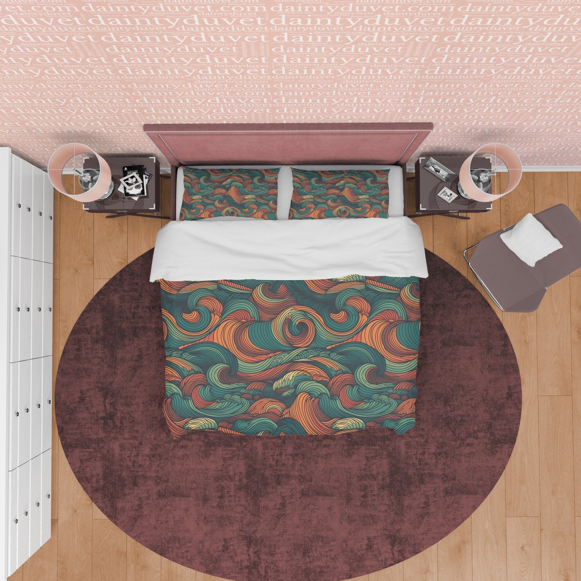 Wavy Green Retro Bedding Set, Abstract Blanket Cover Vintage Duvet Cover, Green Quilt Cover, Unique 70s Nostalgia Bedspread, Zipper Bedding