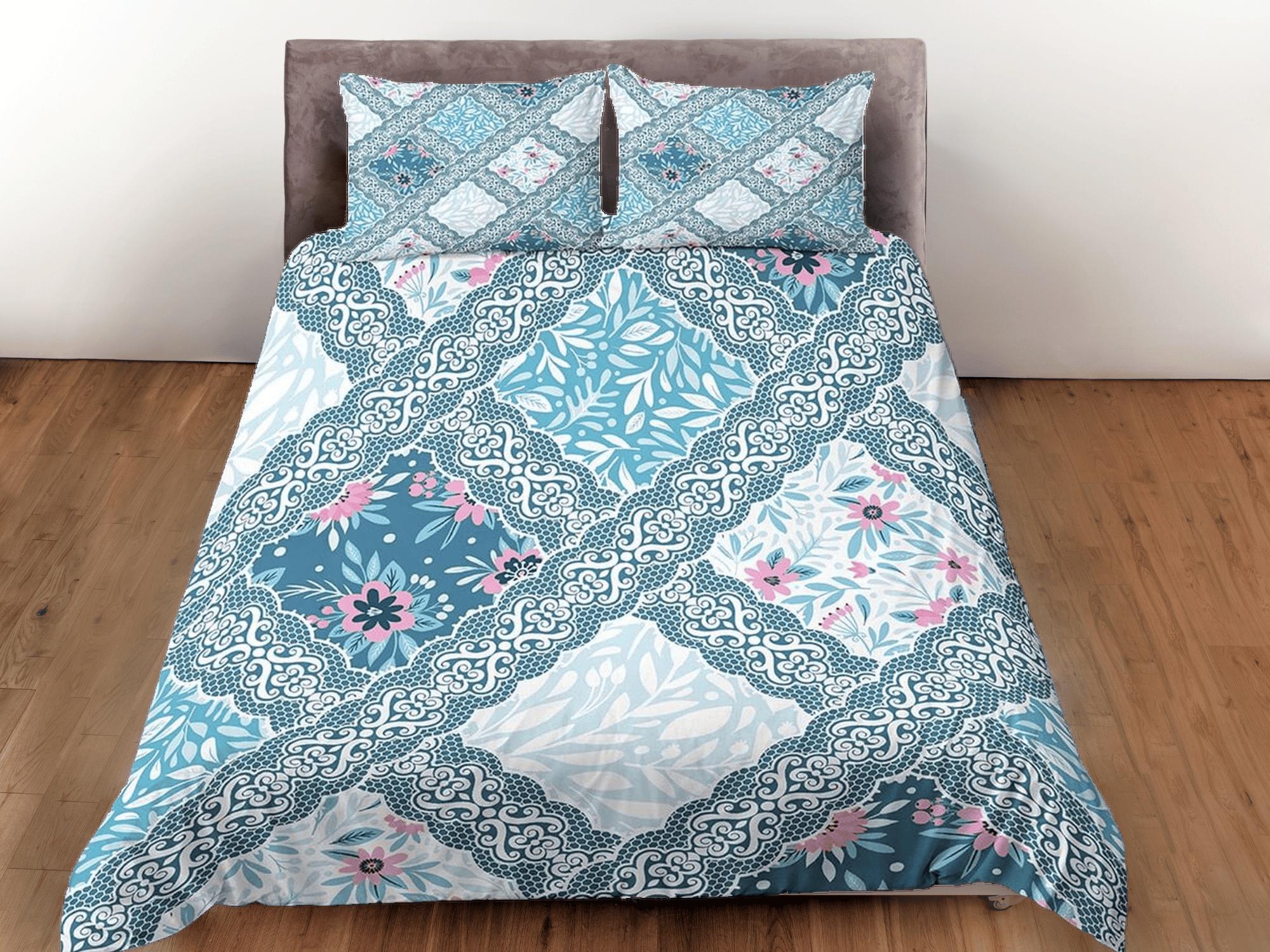 daintyduvet Whimsical blue patchwork quilt printed duvet cover set, aesthetic room decor bedding set full, king, queen size, boho bedspread shabby chic