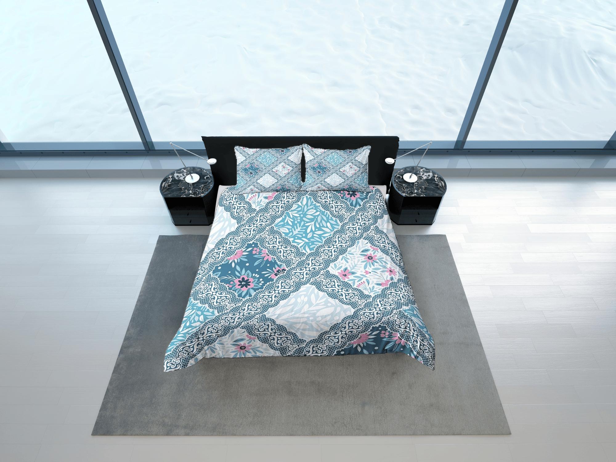 daintyduvet Whimsical blue patchwork quilt printed duvet cover set, aesthetic room decor bedding set full, king, queen size, boho bedspread shabby chic