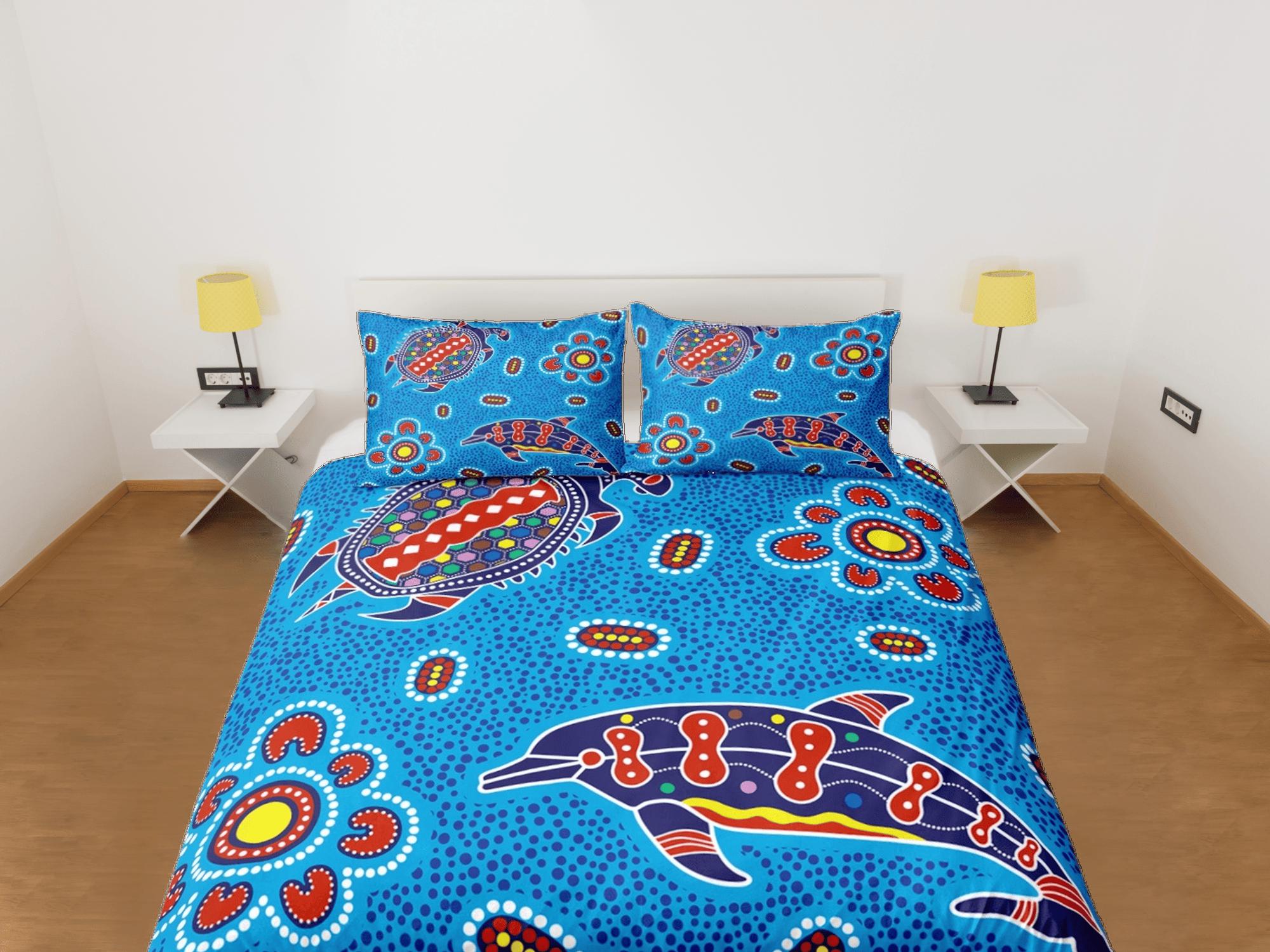 daintyduvet Whimsical dolphin colorful coastal grandma blue duvet cover nautical bedding set full queen king, aesthetic room decor, ocean lover gift