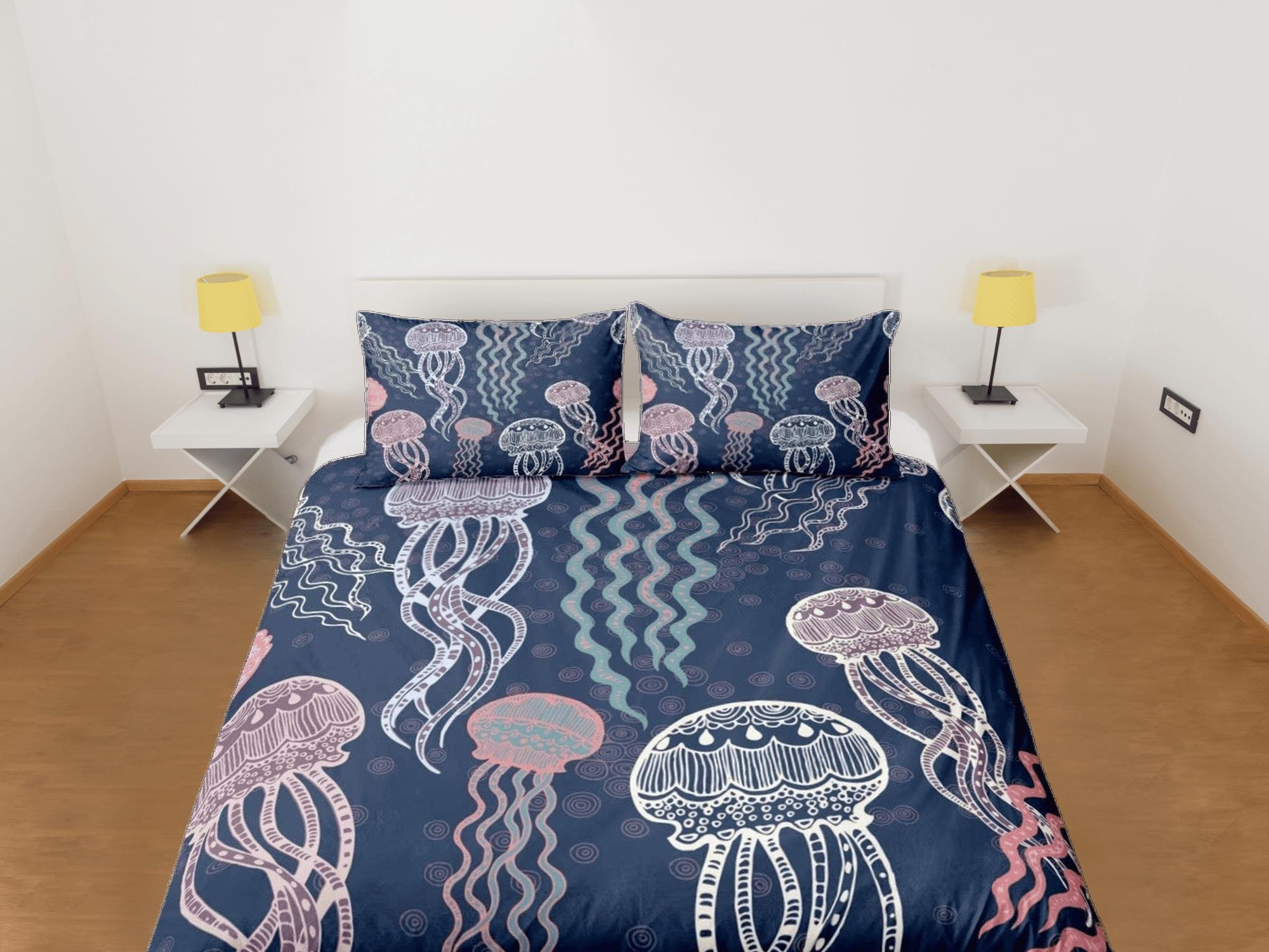 daintyduvet Whimsical jellyfish bedding colorful duvet cover, ocean blush sea animal bedding set full king queen twin crib toddler, college dorm bedding
