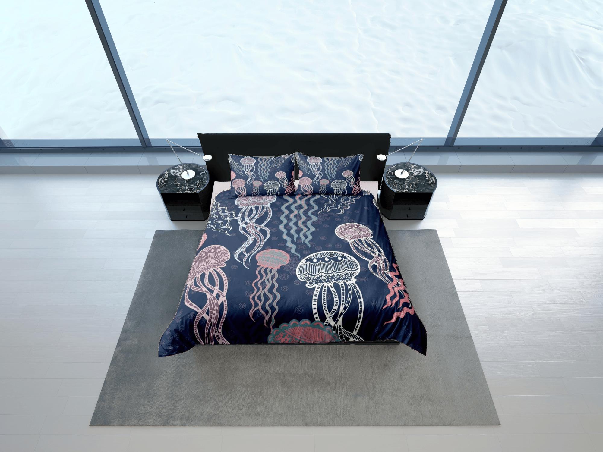 daintyduvet Whimsical jellyfish bedding colorful duvet cover, ocean blush sea animal bedding set full king queen twin crib toddler, college dorm bedding