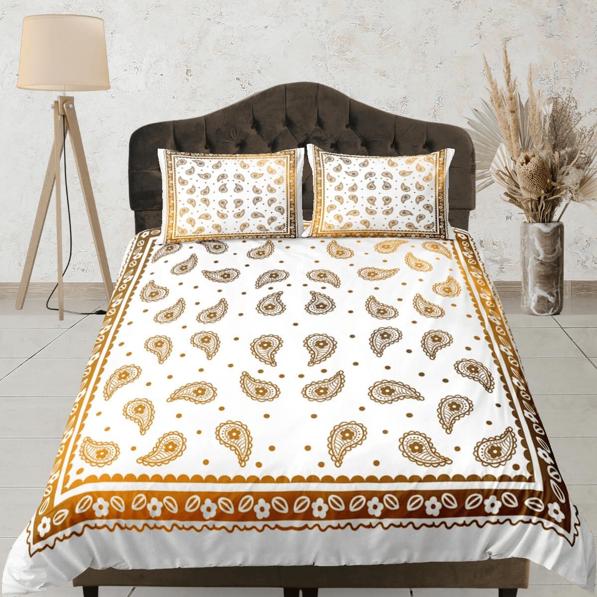 daintyduvet White bronze bandana paisley duvet cover set, aesthetic room decor bedding set full, king, queen size, abstract boho bedspread, luxury cover