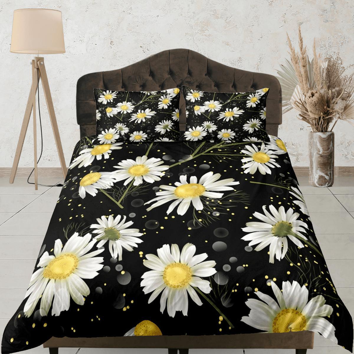 daintyduvet White Daisy Black Duvet Cover Set, Floral Print Bedspread Dorm Bedding Set