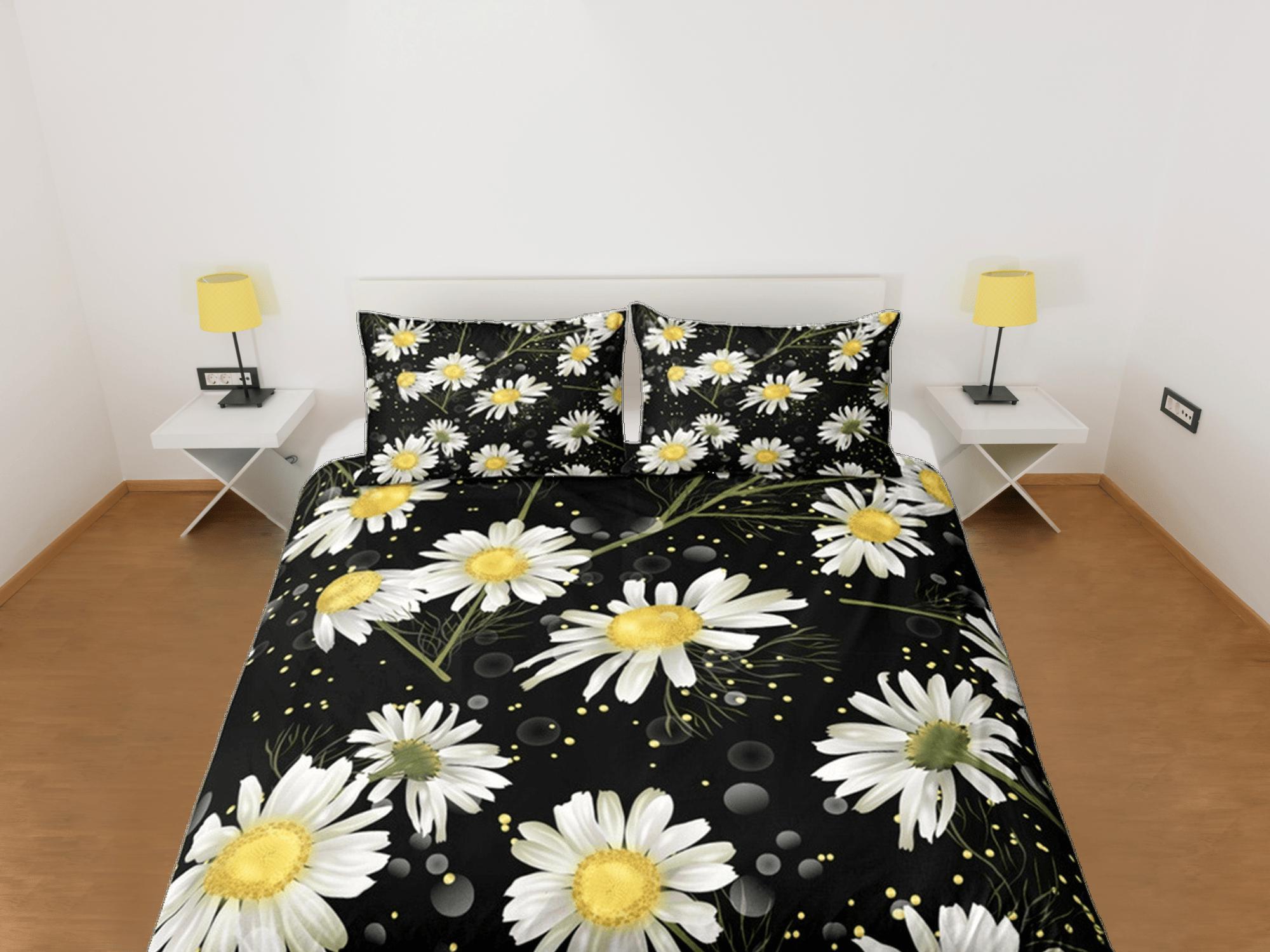 daintyduvet White Daisy Black Duvet Cover Set, Floral Print Bedspread Dorm Bedding Set