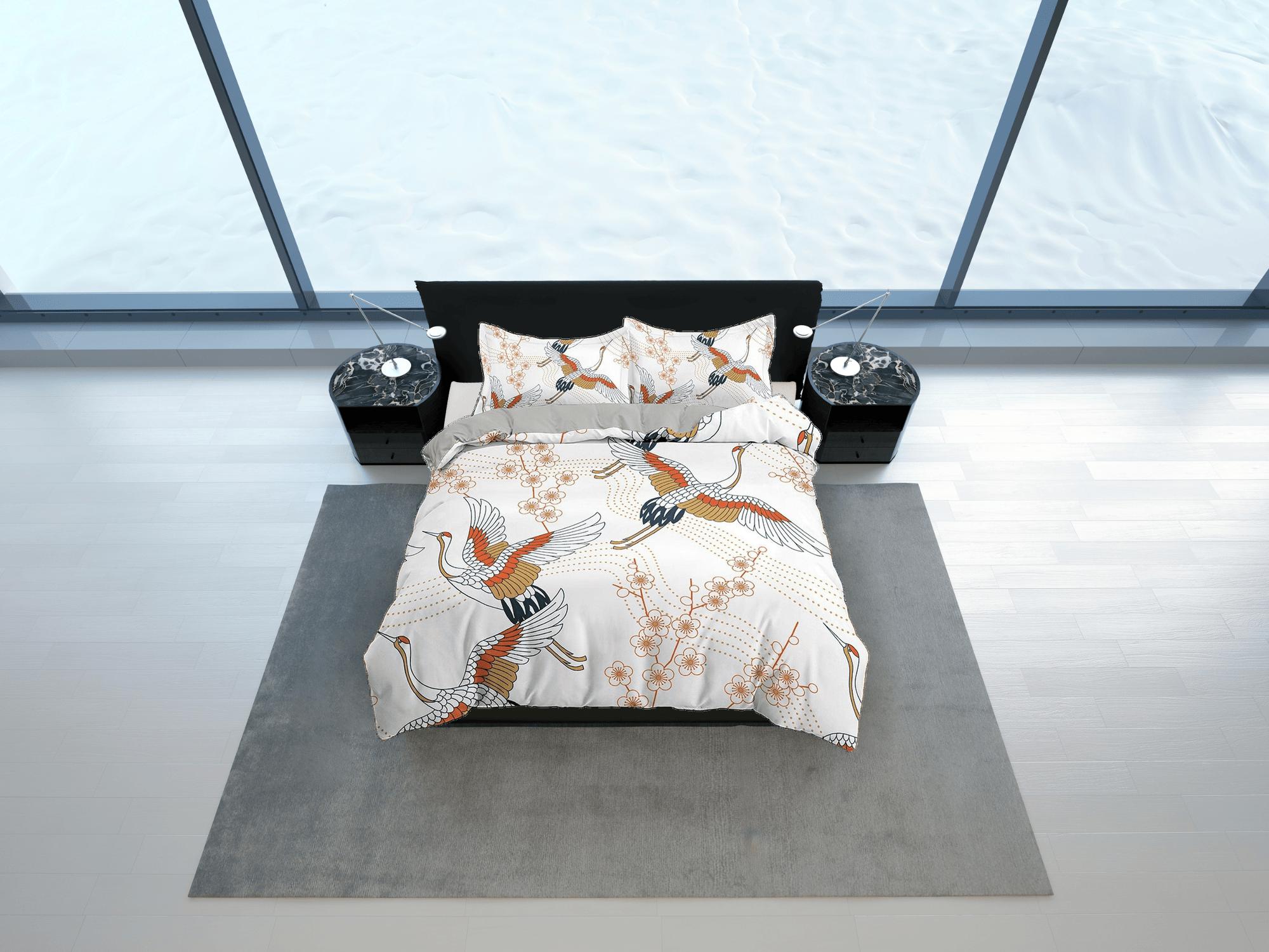 daintyduvet White oriental bedding with floral prints crane bird design, Asian duvet cover set with cherry blossom, Japanese bedding, King, Queen, Full