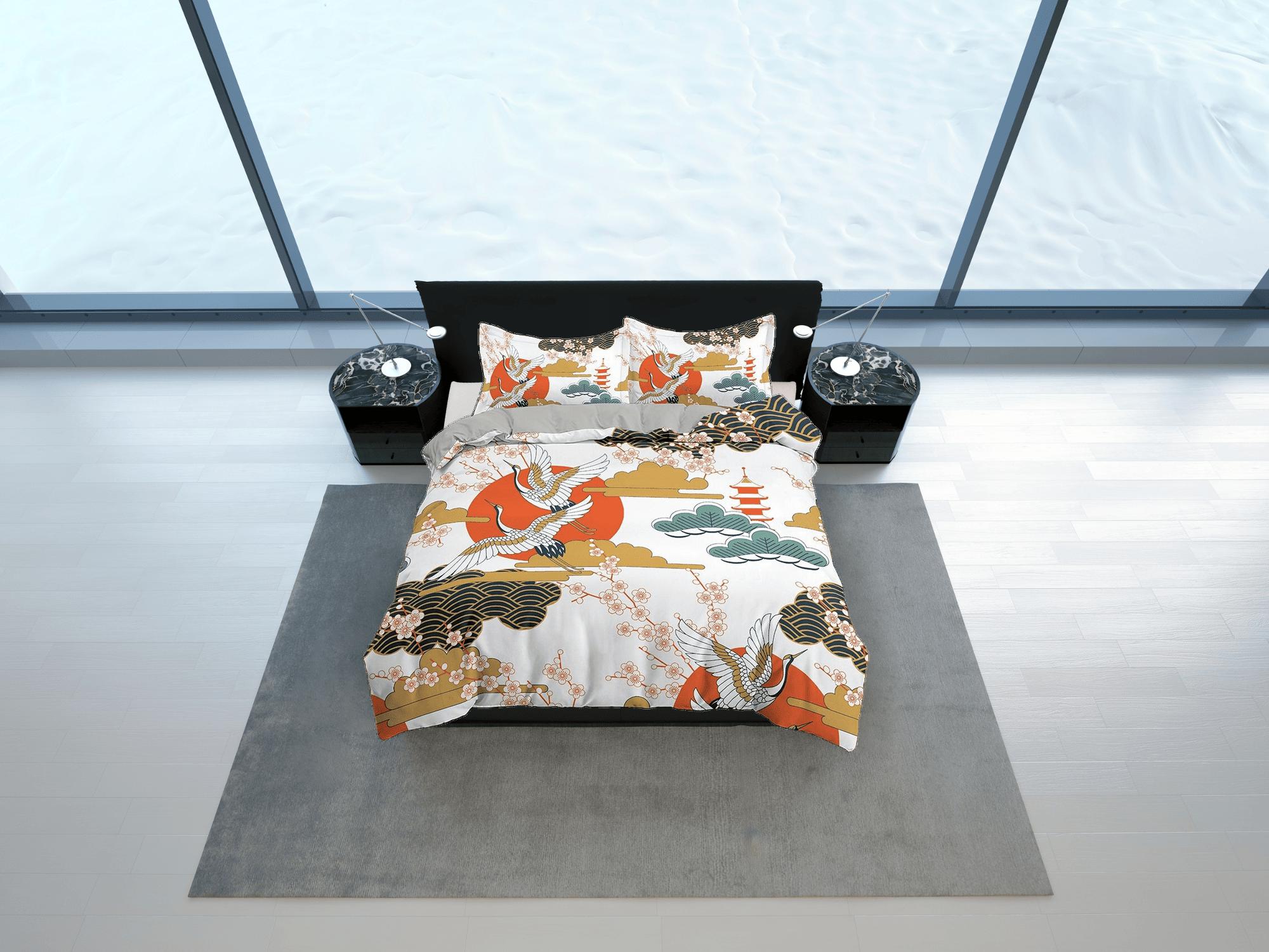 daintyduvet White oriental bedding with floral prints, pagoda, crane bird design, Asian duvet cover set with cherry blossom, Japanese bedding
