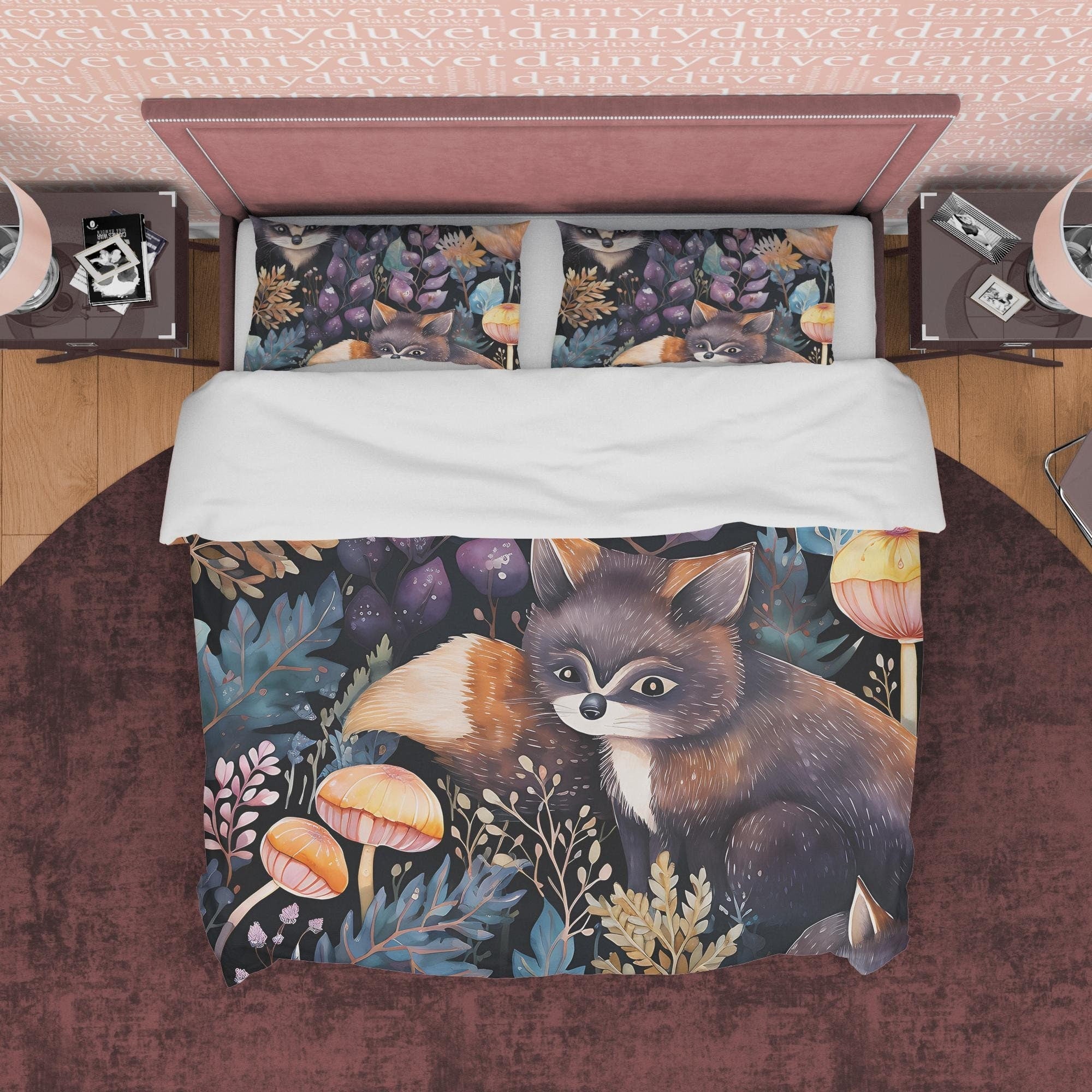 Wild Cat Duvet Cover Set, Magical Forest Quilt Cover Aesthetic Zipper Bedding, Halloween Room Decor, Enchanted Plant Blanket Cover