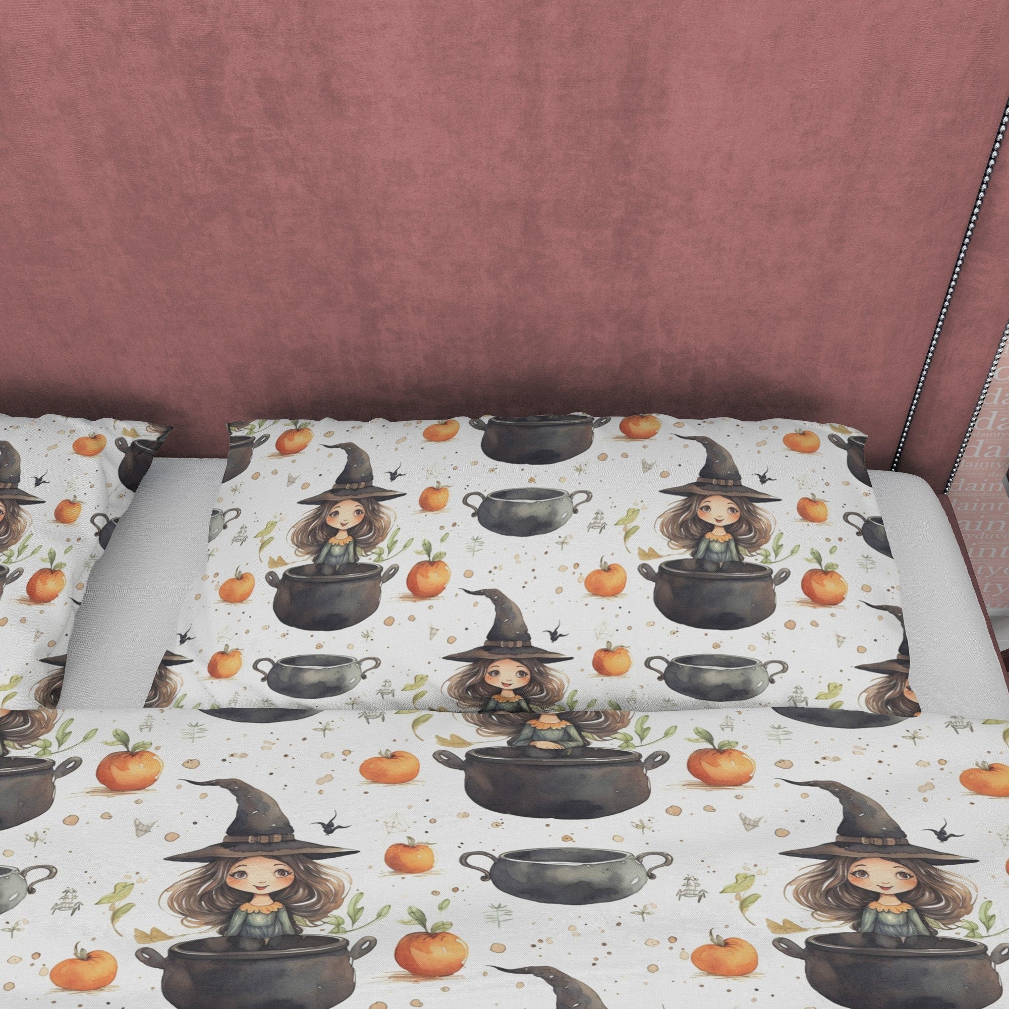 Witch Kid's Bedroom Duvet Cover Set, Pot Potion Quilt Cover Aesthetic Zipper Bedding, Enchanted Apple Blanket Cover Halloween Room Decor