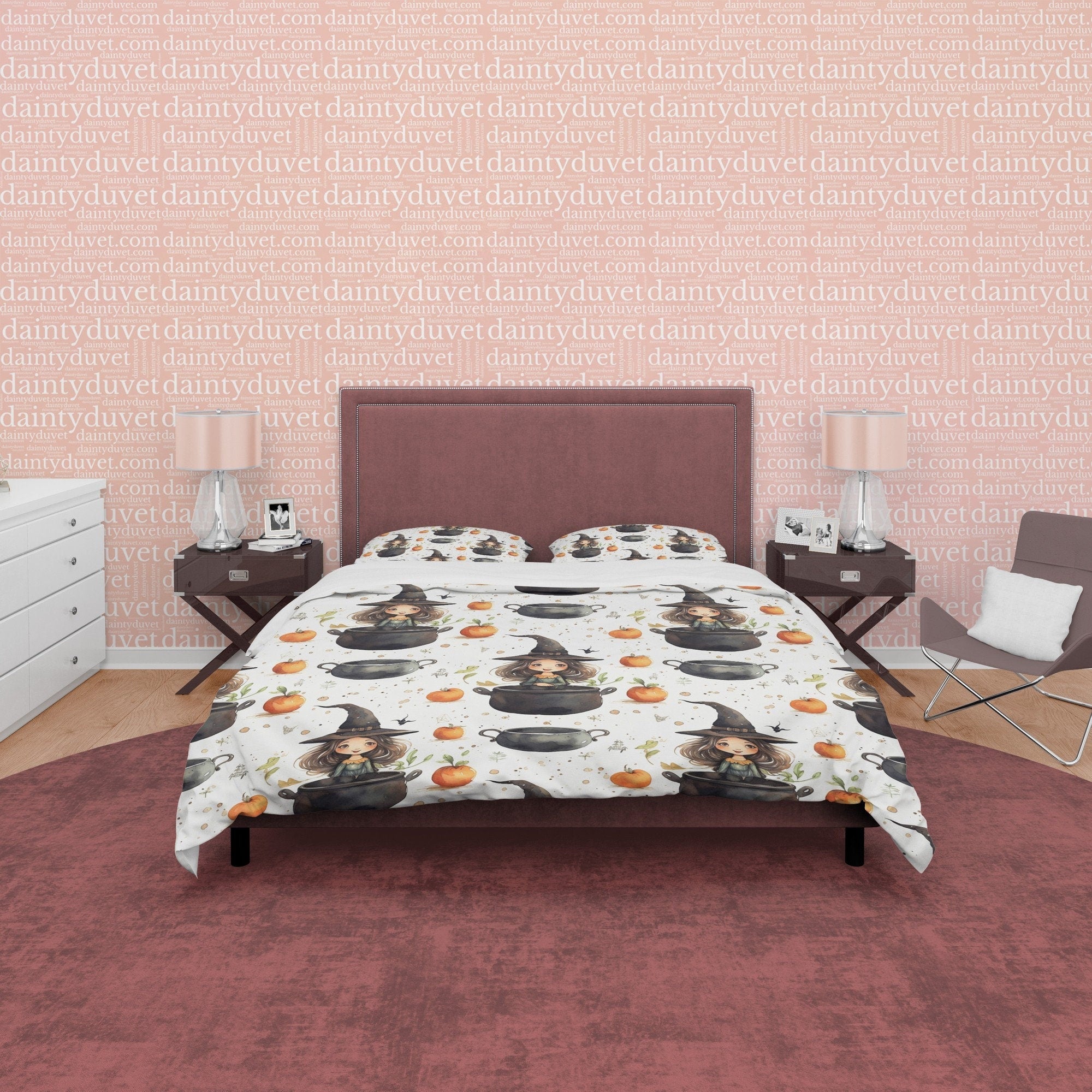 Witch Kid's Bedroom Duvet Cover Set, Pot Potion Quilt Cover Aesthetic Zipper Bedding, Enchanted Apple Blanket Cover Halloween Room Decor