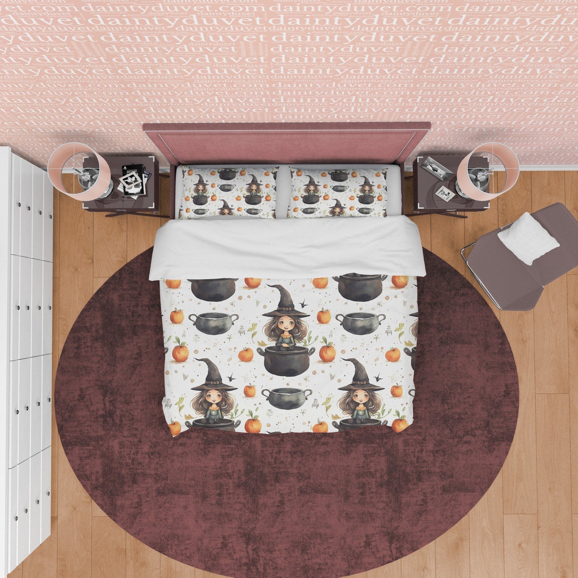 Witch Kid's Bedroom Duvet Cover Set, Pot Potion Quilt Cover Aesthetic Zipper Bedding, Enchanted Apple Blanket Cover Halloween Room Decor