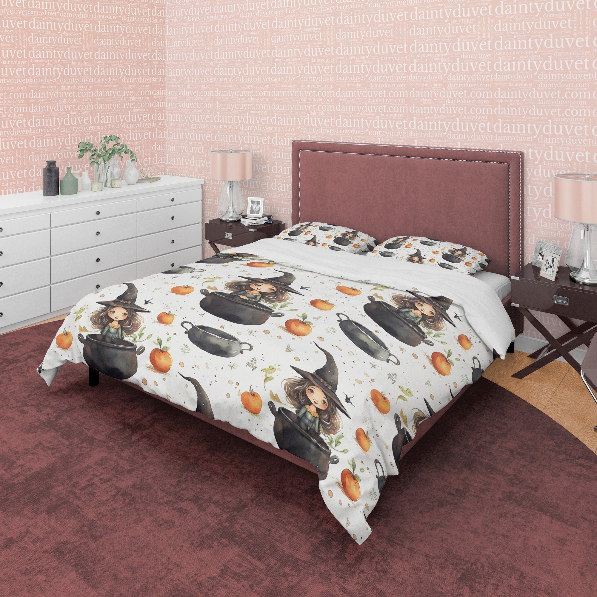 Witch Kid's Bedroom Duvet Cover Set, Pot Potion Quilt Cover Aesthetic Zipper Bedding, Enchanted Apple Blanket Cover Halloween Room Decor
