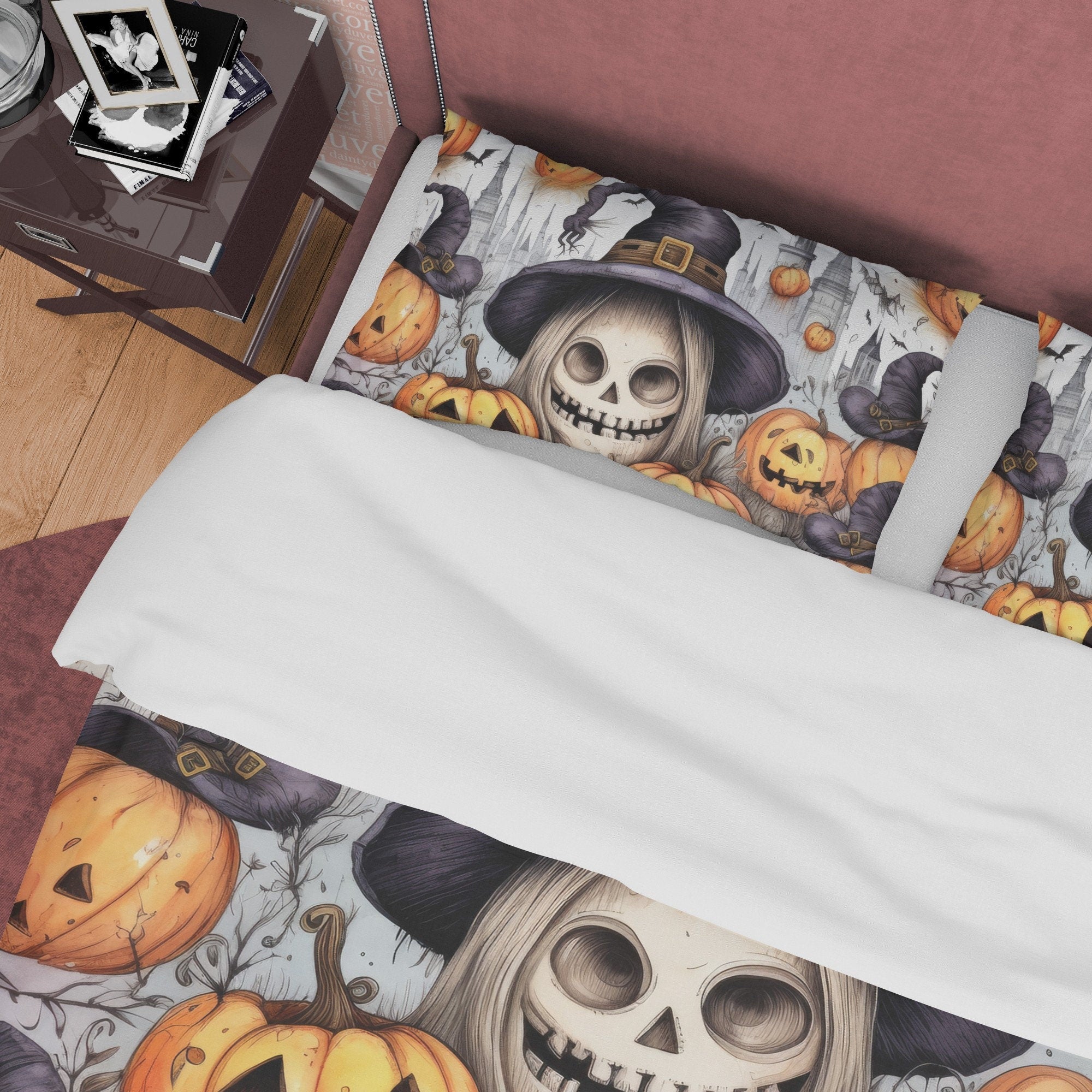 Witch Skull & Pumpkin Duvet Cover Set Aesthetic Bedding, Halloween Room Decor, Zipper Quilt Cover, Autumn Bedspread, Spooky Bed Cover Retro