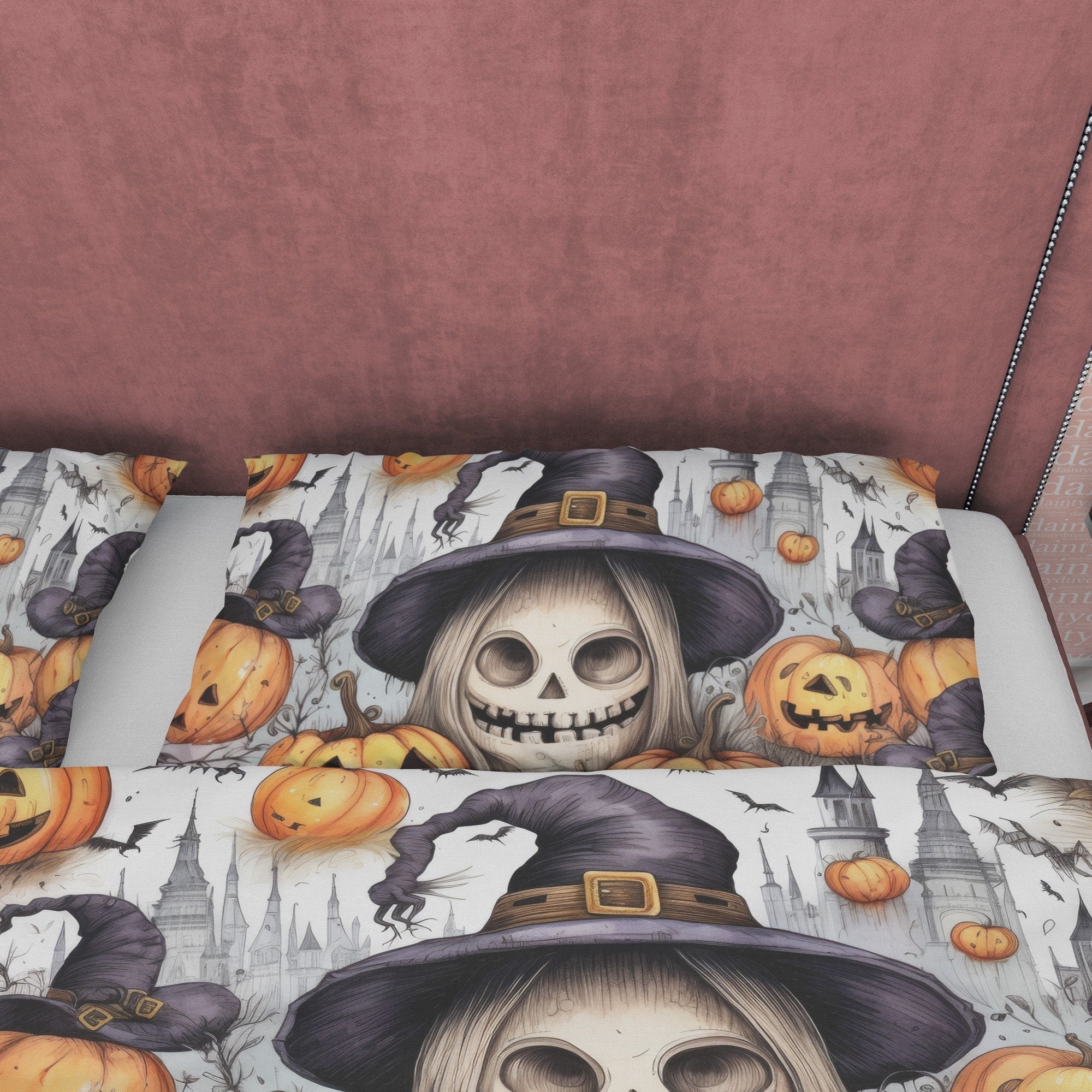 Witch Skull & Pumpkin Duvet Cover Set Aesthetic Bedding, Halloween Room Decor, Zipper Quilt Cover, Autumn Bedspread, Spooky Bed Cover Retro