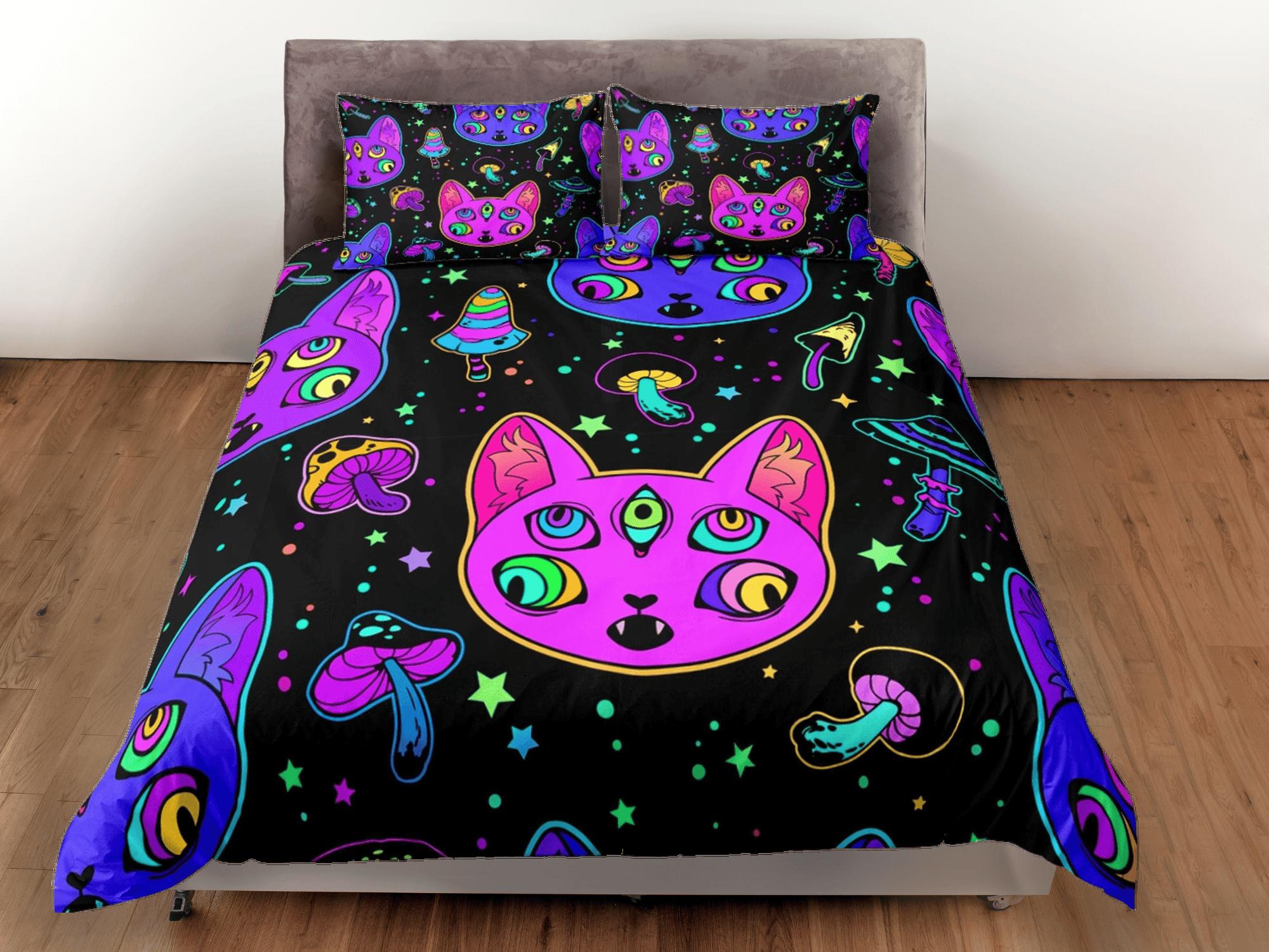 daintyduvet Witchy cat and mushroom 90s neon halloween bedding hippie duvet cover, colorful dorm bedding, teens bedroom, adult duvet, toddler bedding