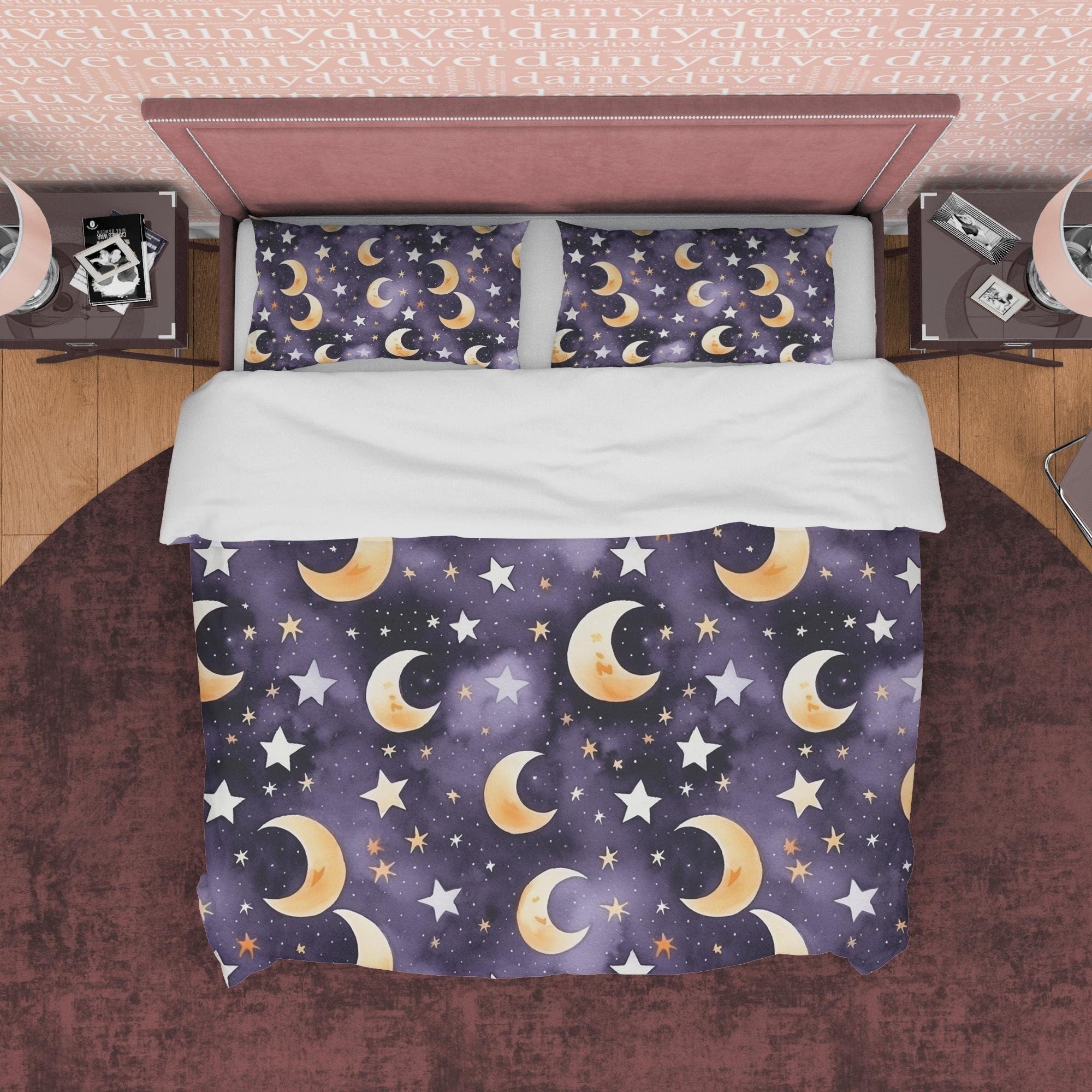 Wizard Moon Duvet Cover Set, Star Aesthetic Zipper Bedding, Halloween Room Decor, Celestial Blanket Cover, Purple Unique Quilt Cover