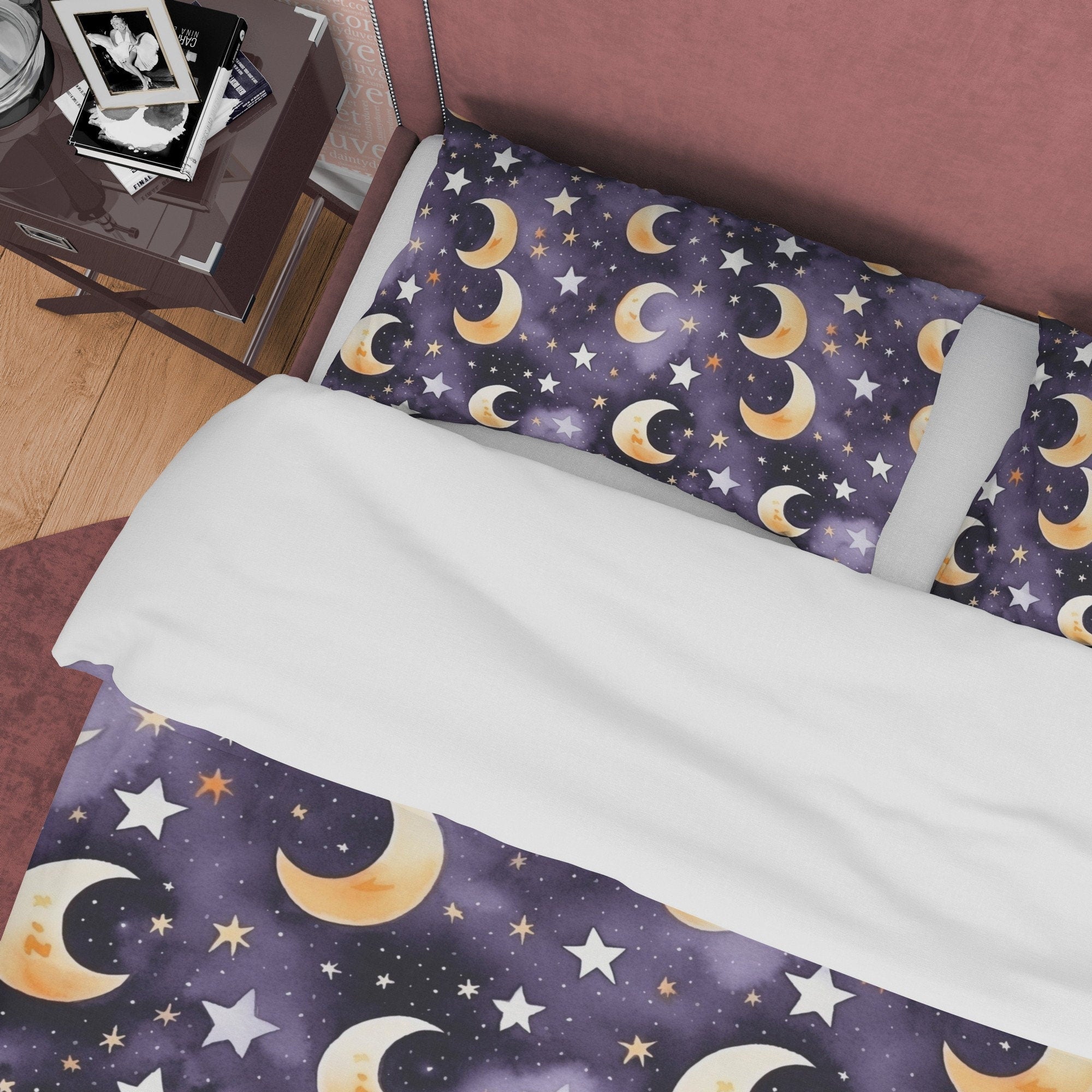 Wizard Moon Duvet Cover Set, Star Aesthetic Zipper Bedding, Halloween Room Decor, Celestial Blanket Cover, Purple Unique Quilt Cover