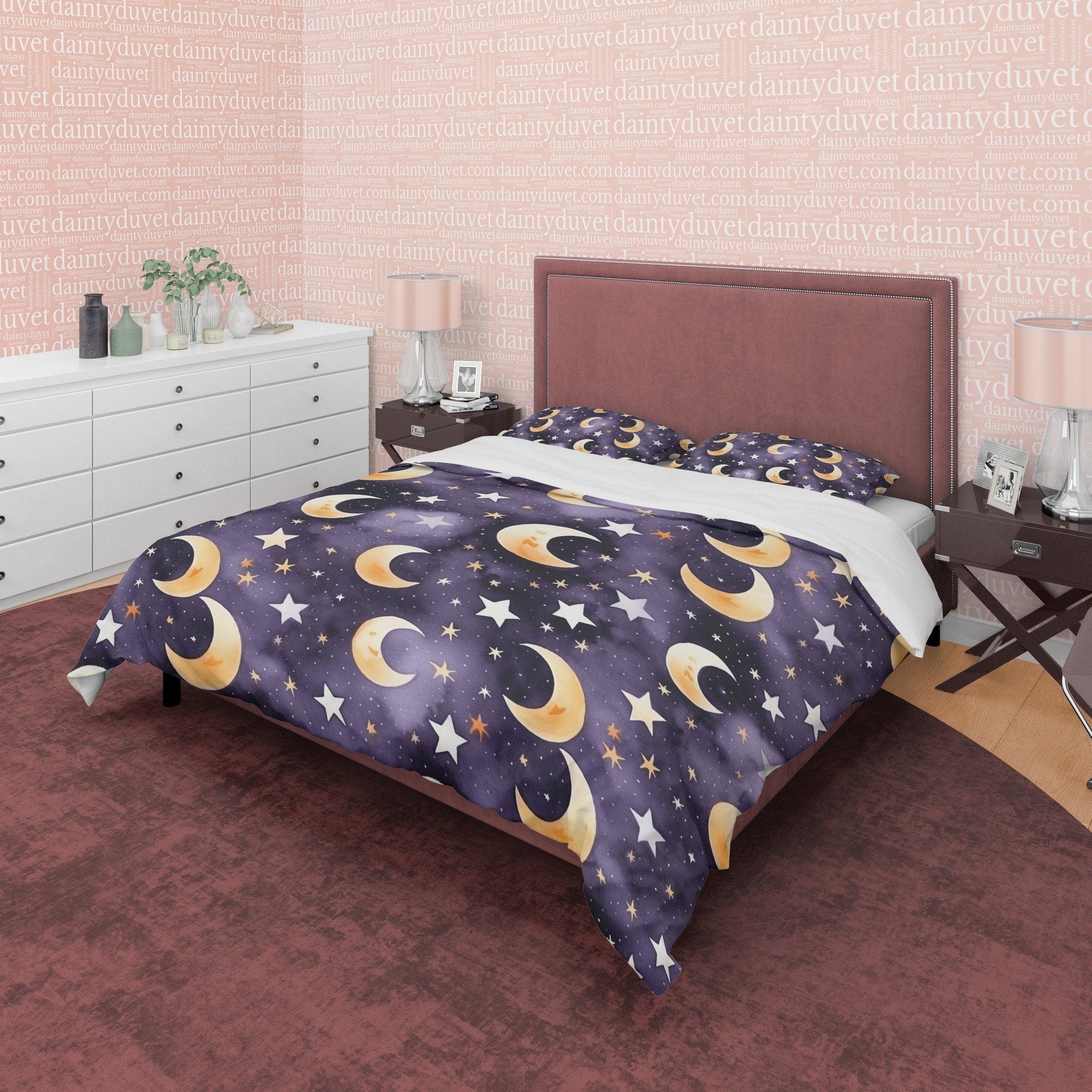 Wizard Moon Duvet Cover Set, Star Aesthetic Zipper Bedding, Halloween Room Decor, Celestial Blanket Cover, Purple Unique Quilt Cover