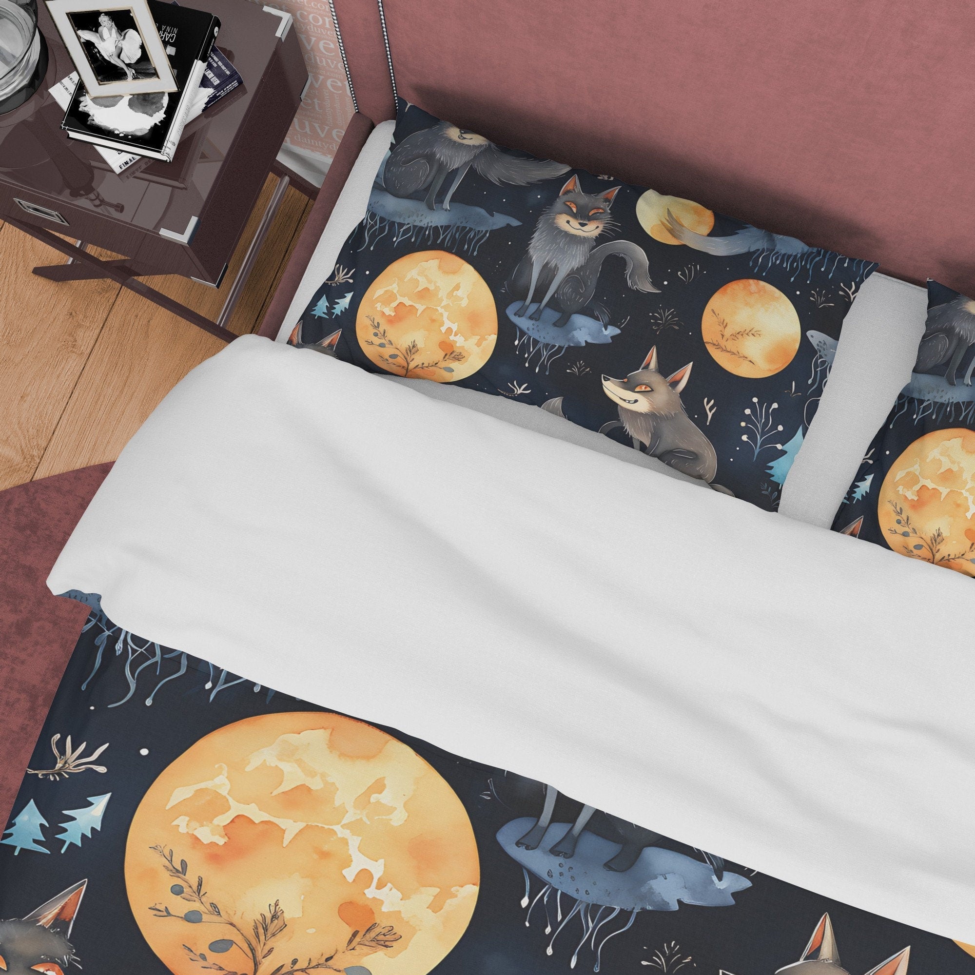 Wolf On A Full Moon Duvet Cover Set, Spooky Midnight Quilt Cover Aesthetic Zipper Bedding, Dark Night Blanket Cover Halloween Room Decor