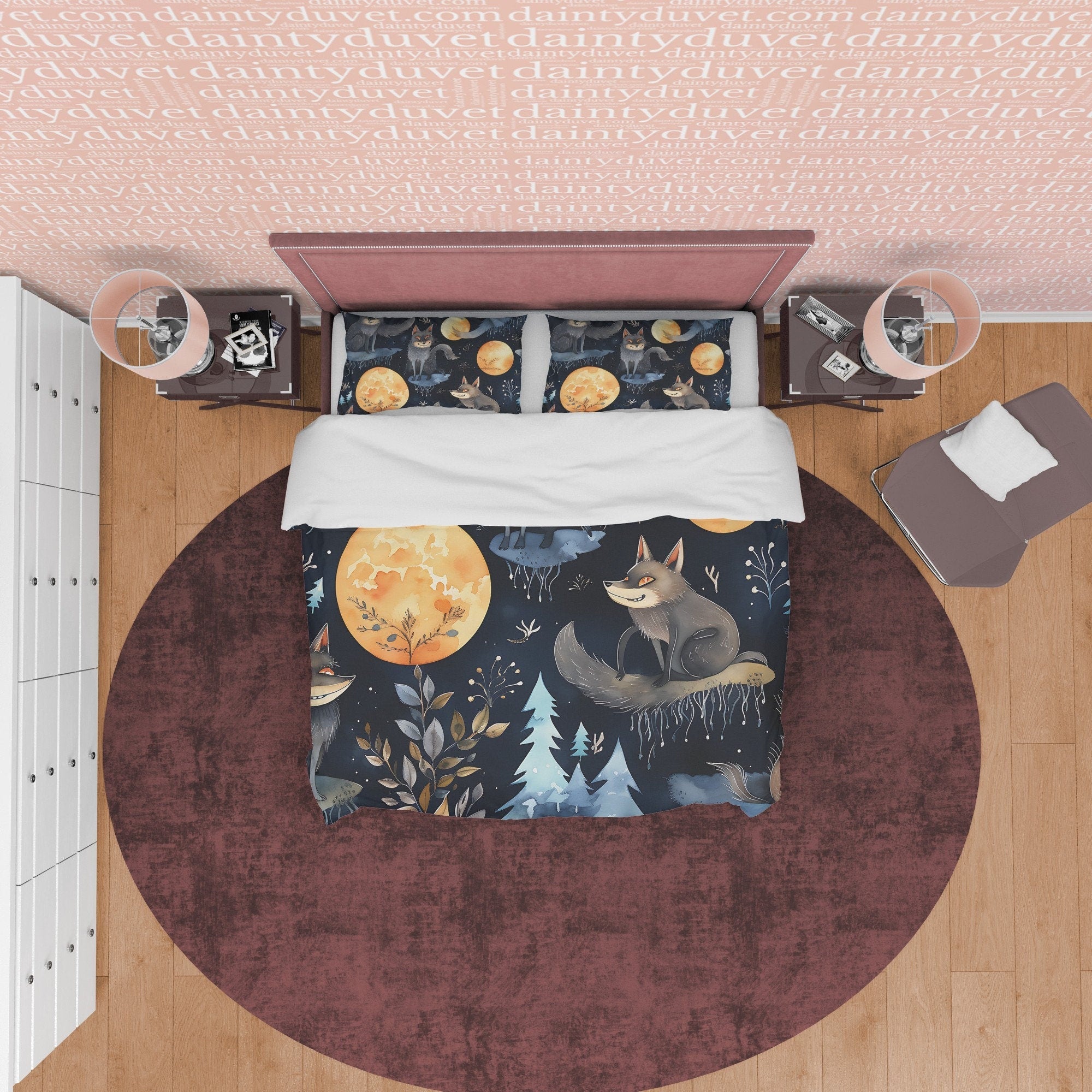 Wolf On A Full Moon Duvet Cover Set, Spooky Midnight Quilt Cover Aesthetic Zipper Bedding, Dark Night Blanket Cover Halloween Room Decor