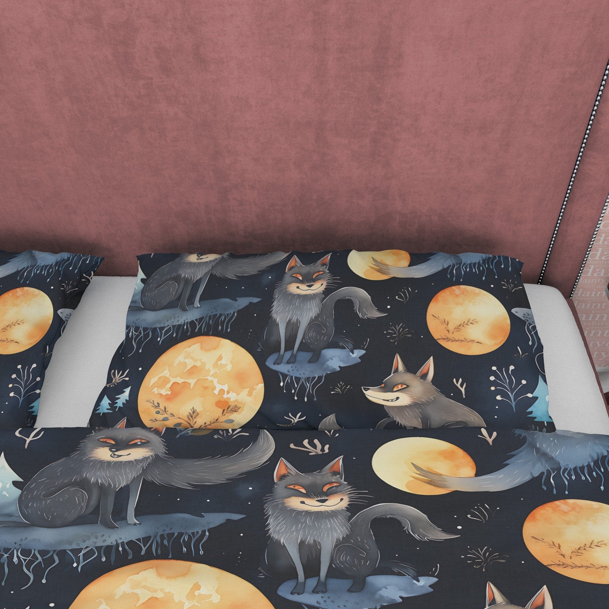 Wolf On A Full Moon Duvet Cover Set, Spooky Midnight Quilt Cover Aesthetic Zipper Bedding, Dark Night Blanket Cover Halloween Room Decor