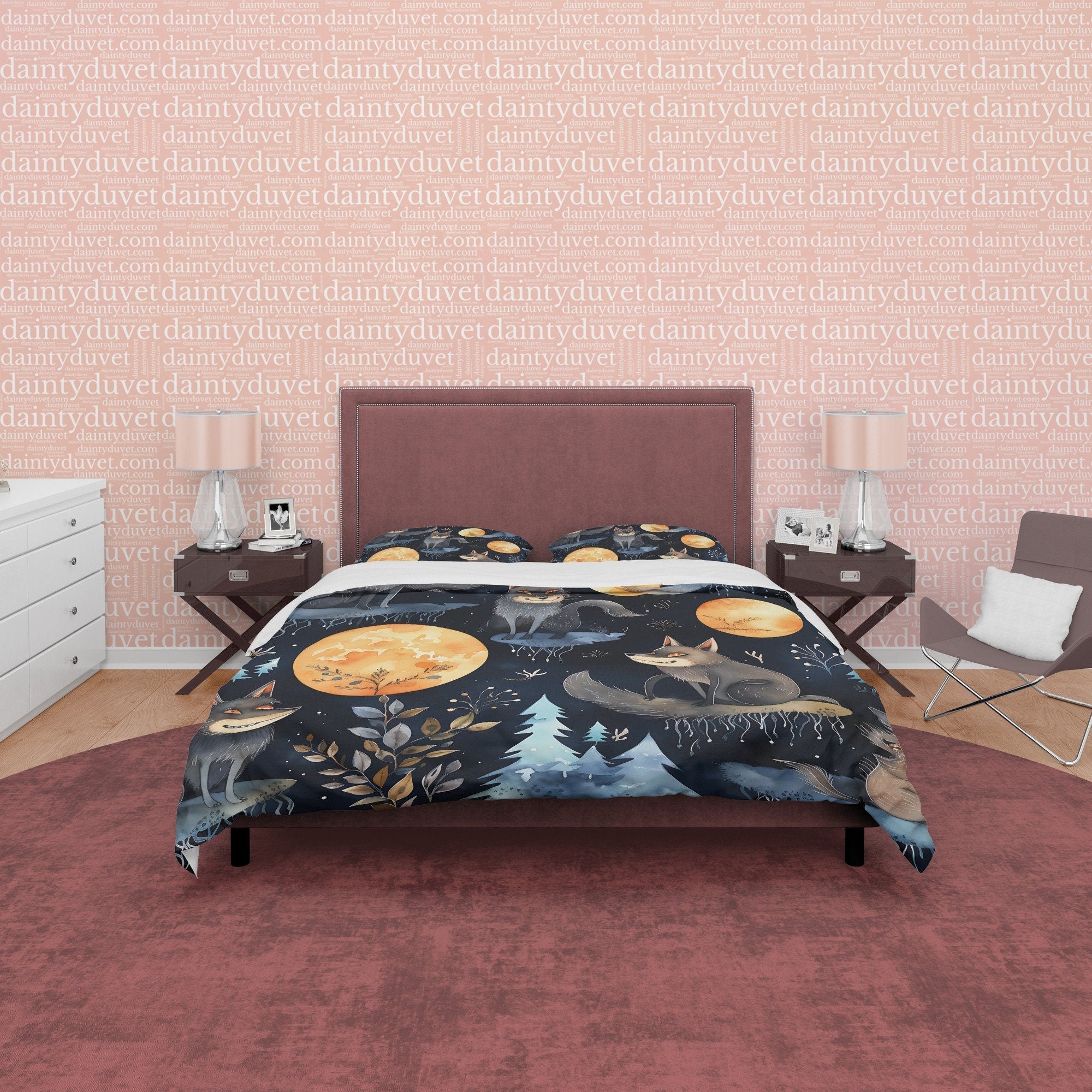 Wolf On A Full Moon Duvet Cover Set, Spooky Midnight Quilt Cover Aesthetic Zipper Bedding, Dark Night Blanket Cover Halloween Room Decor