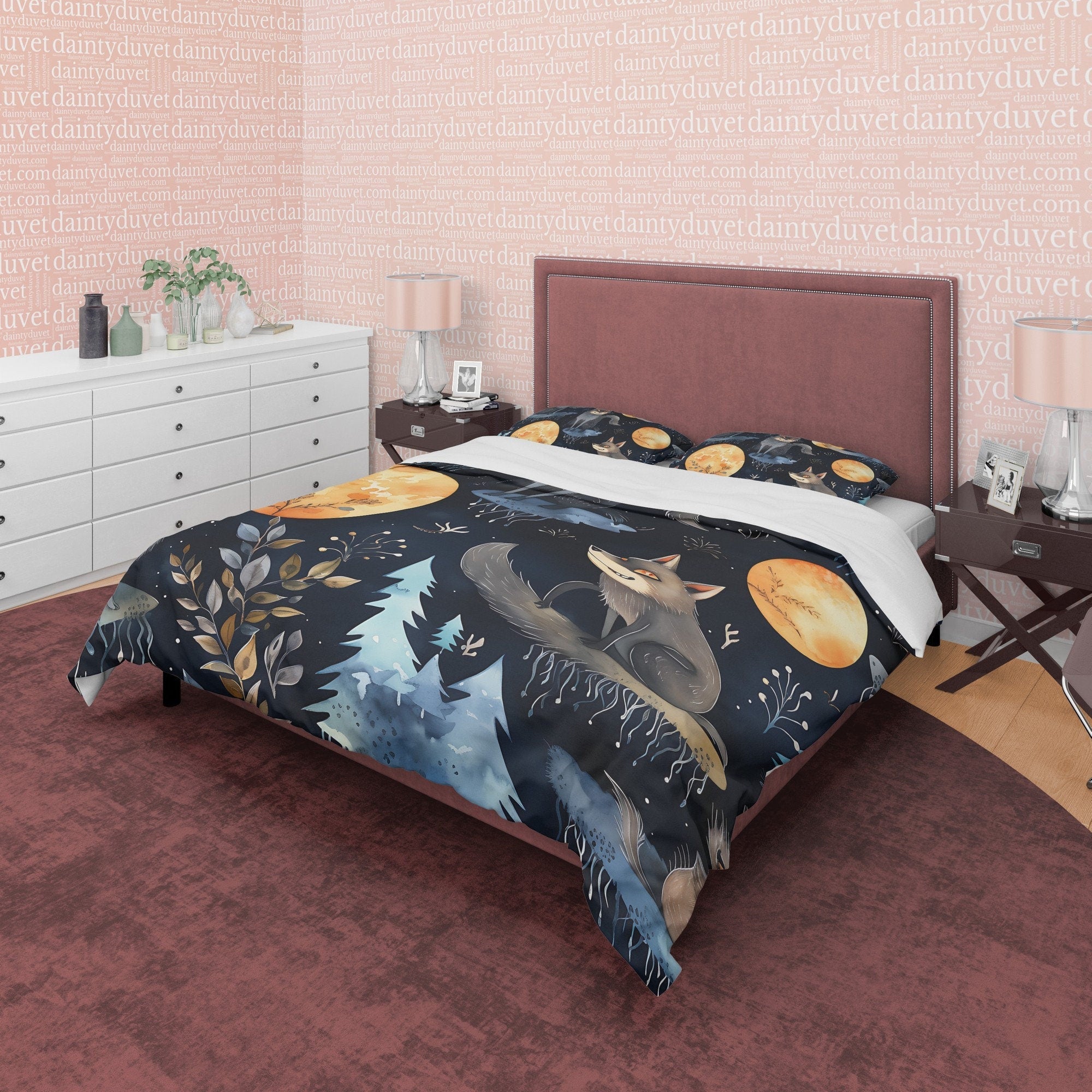 Wolf On A Full Moon Duvet Cover Set, Spooky Midnight Quilt Cover Aesthetic Zipper Bedding, Dark Night Blanket Cover Halloween Room Decor