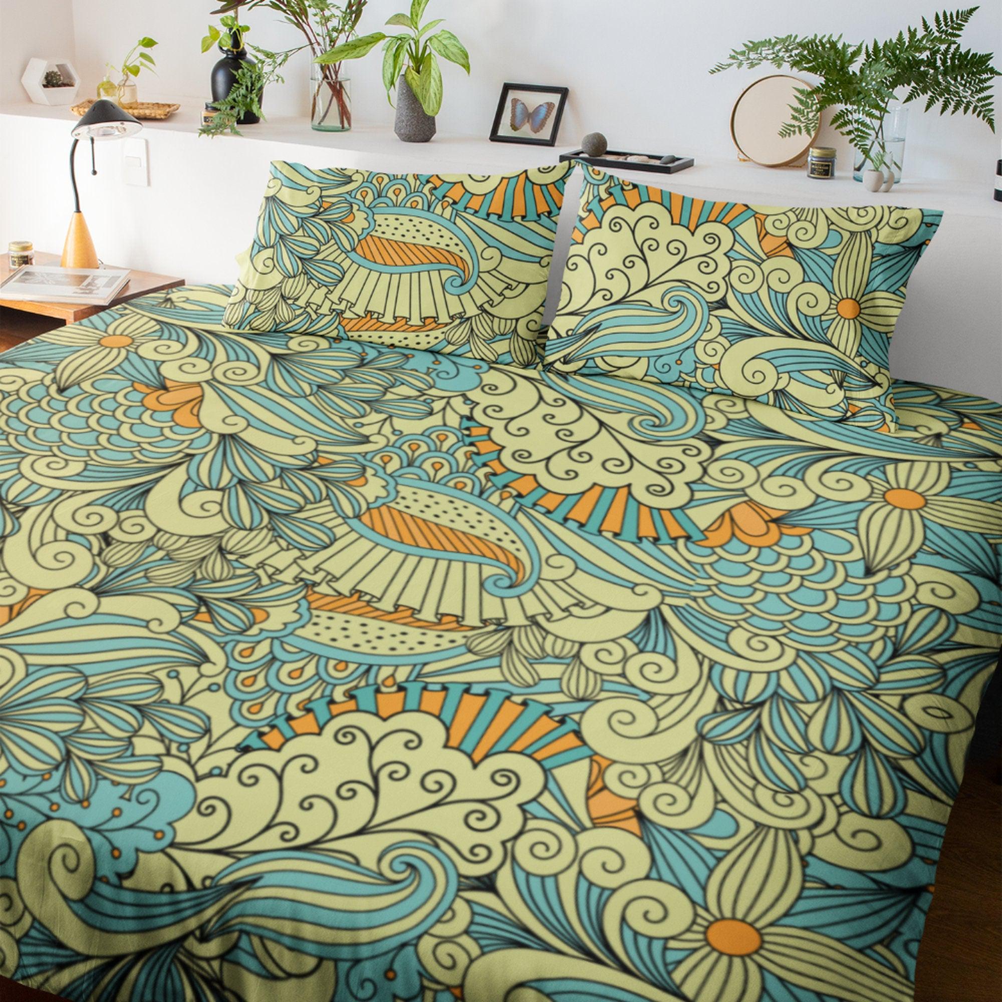 daintyduvet Yellow and blue paisley boho bedding, maximalist duvet cover, dorm bedding, aesthetic duvet cover set, unique bedspread master bedroom