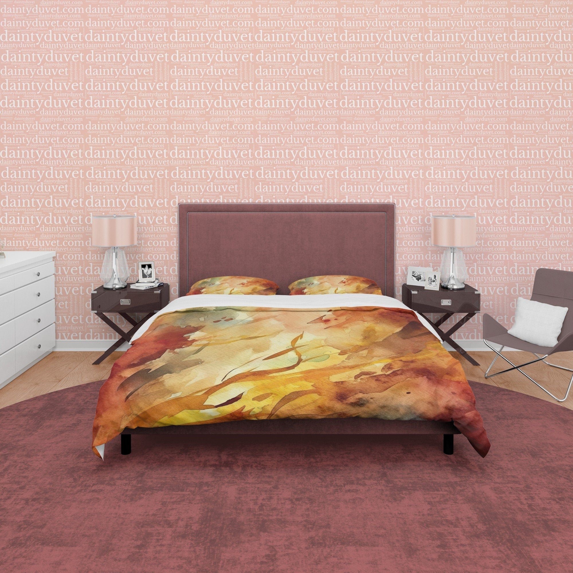 Yellow Brown Abstract Autumn Duvet Cover Fall Bedding Set, Neutral Colors Aesthetic Quilt Cover, Boho Bedspread, Paint Printed Bed Cover