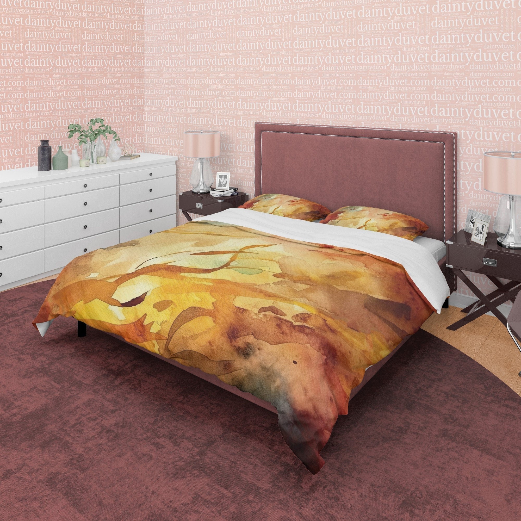 Yellow Brown Abstract Autumn Duvet Cover Fall Bedding Set, Neutral Colors Aesthetic Quilt Cover, Boho Bedspread, Paint Printed Bed Cover