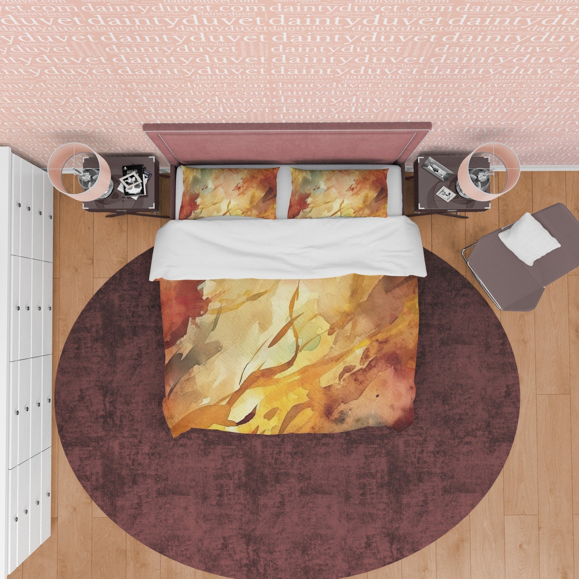 Yellow Brown Abstract Autumn Duvet Cover Fall Bedding Set, Neutral Colors Aesthetic Quilt Cover, Boho Bedspread, Paint Printed Bed Cover