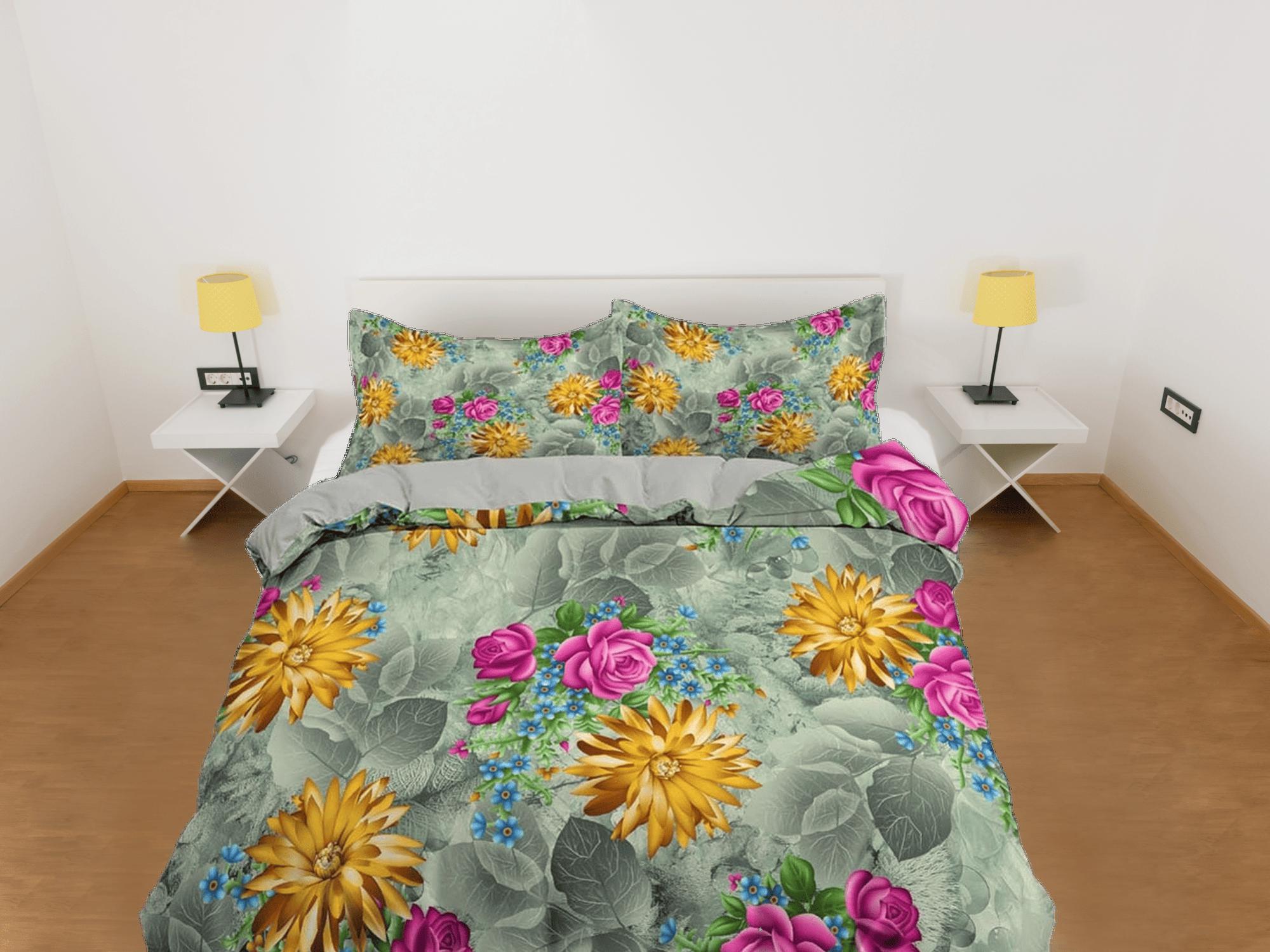 daintyduvet Yellow daisy and pink roses floral duvet cover colorful bedding, teen girl bedroom, baby girl crib bedding boho maximalist aesthetic bedding