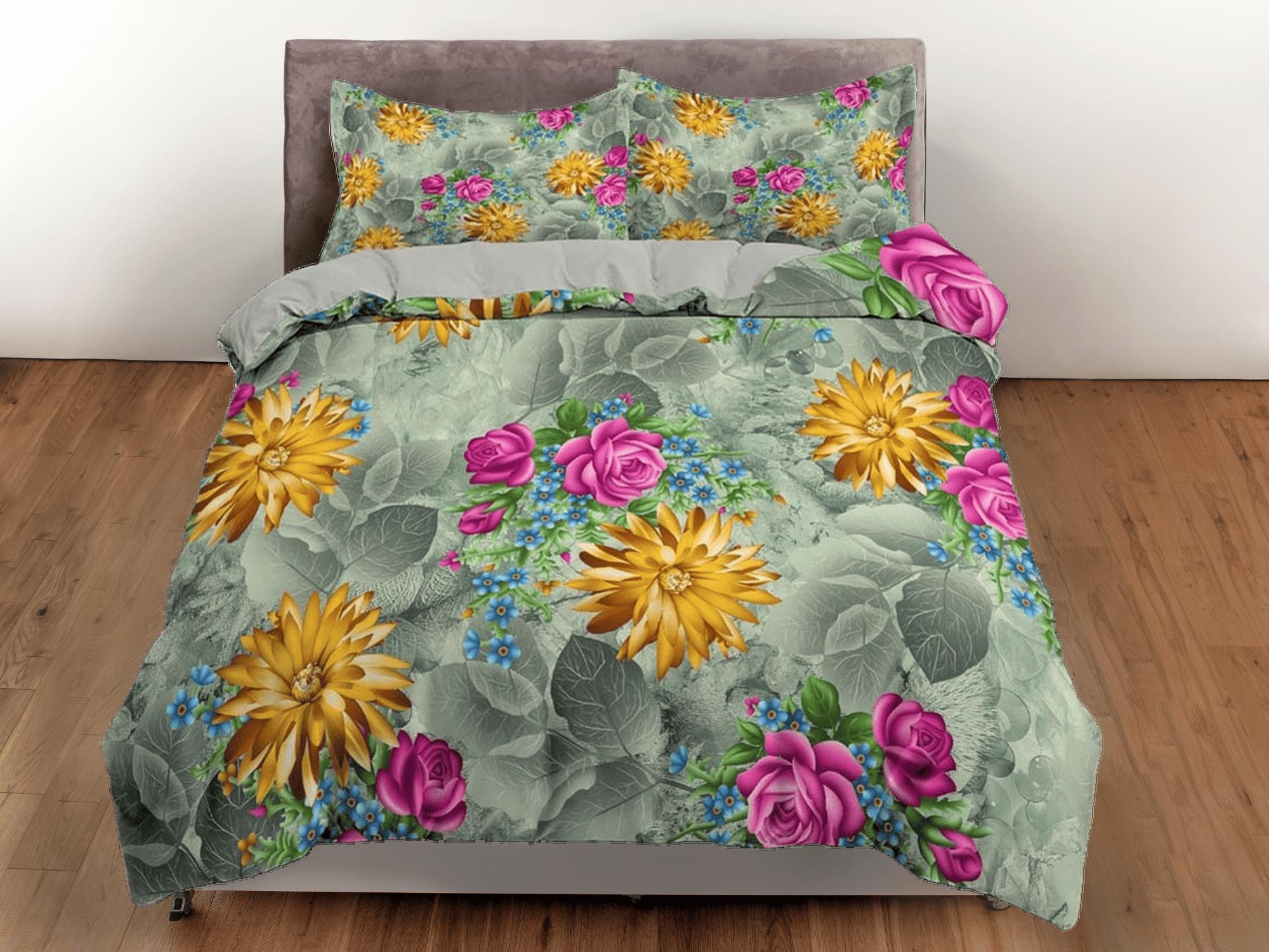 daintyduvet Yellow daisy and pink roses floral duvet cover colorful bedding, teen girl bedroom, baby girl crib bedding boho maximalist aesthetic bedding
