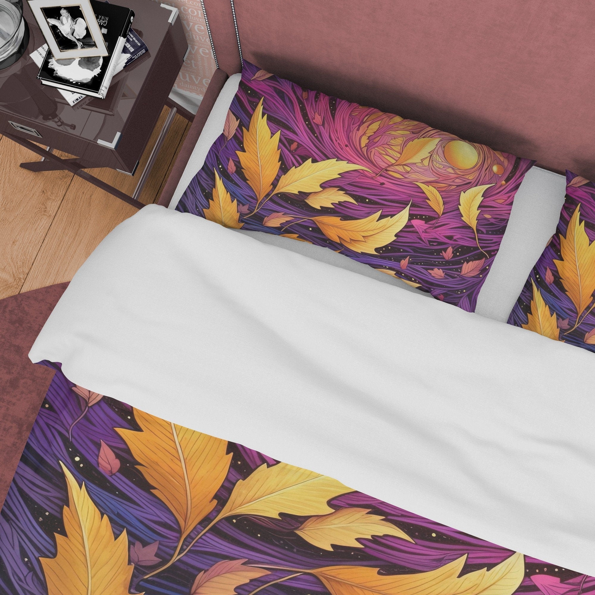 Yellow Fall Leaves Duvet Cover Purple Autumn Bedding Set, Warm Autumn Colors Printed Quilt Cover, Foliage Bedspread