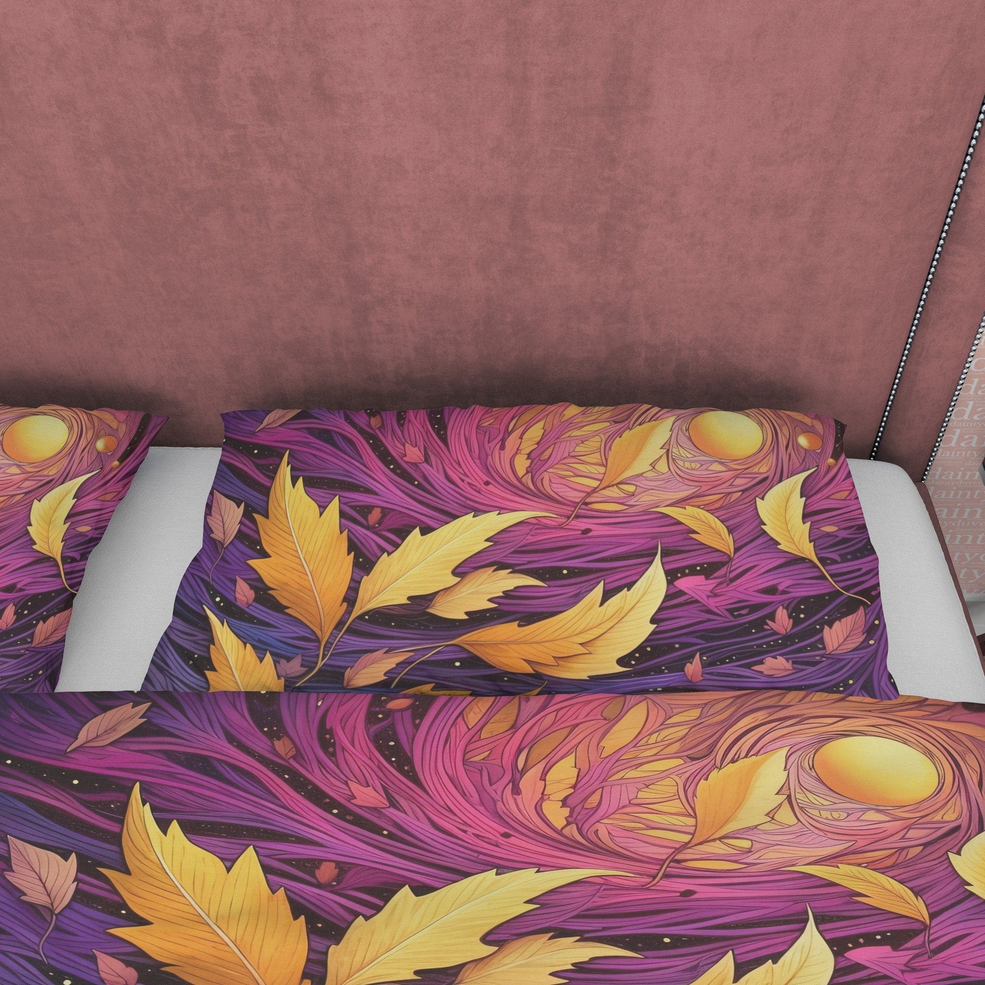 Yellow Fall Leaves Duvet Cover Purple Autumn Bedding Set, Warm Autumn Colors Printed Quilt Cover, Foliage Bedspread