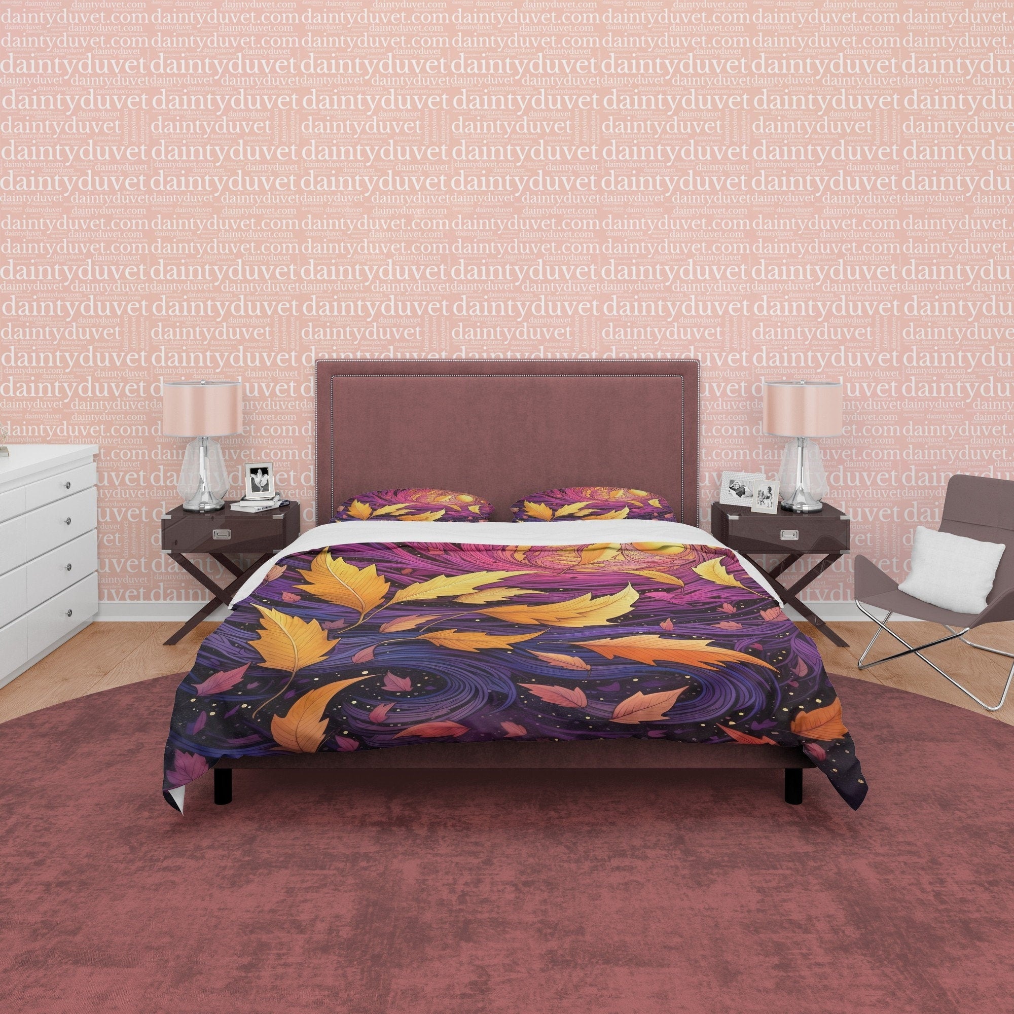 Yellow Fall Leaves Duvet Cover Purple Autumn Bedding Set, Warm Autumn Colors Printed Quilt Cover, Foliage Bedspread