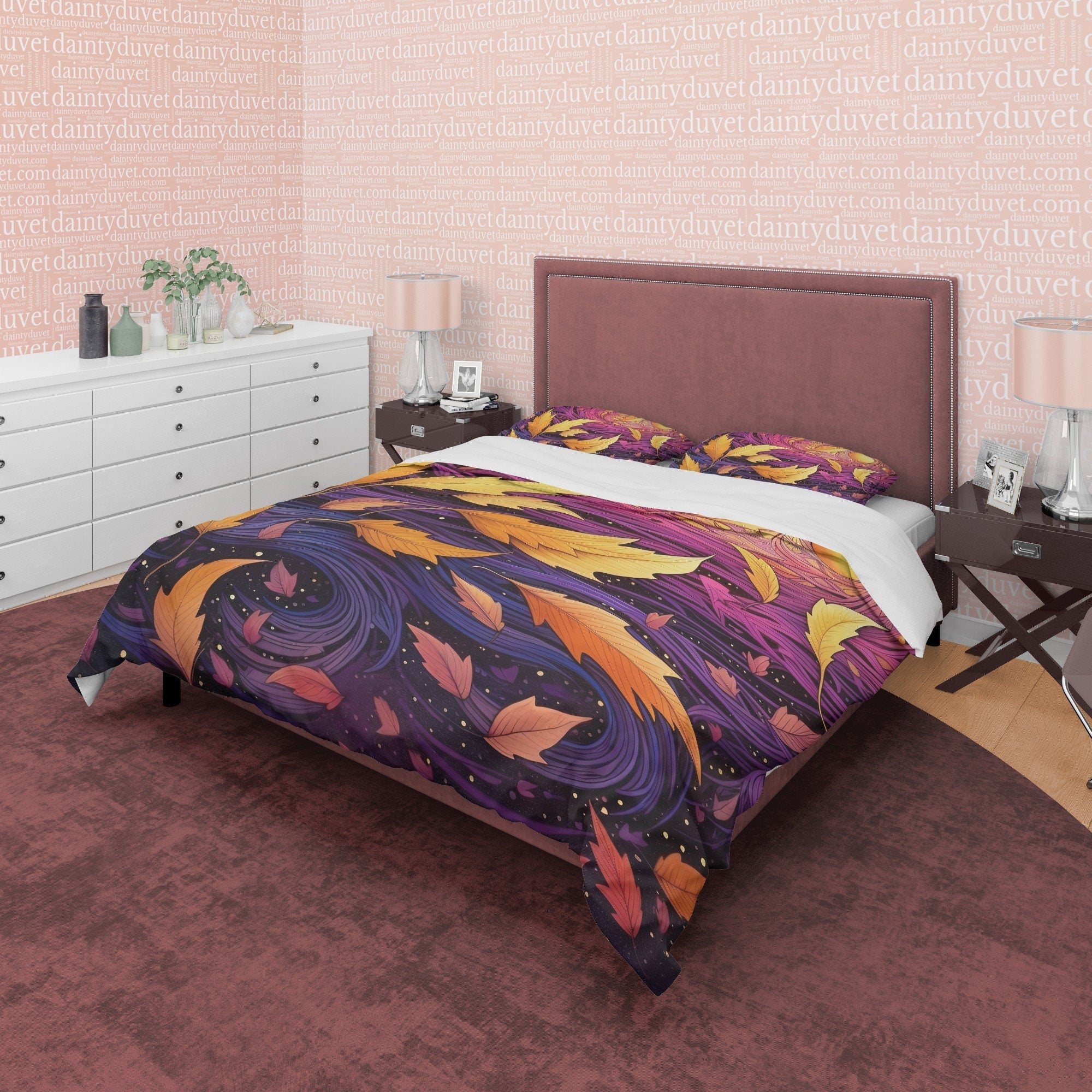 Yellow Fall Leaves Duvet Cover Purple Autumn Bedding Set, Warm Autumn Colors Printed Quilt Cover, Foliage Bedspread