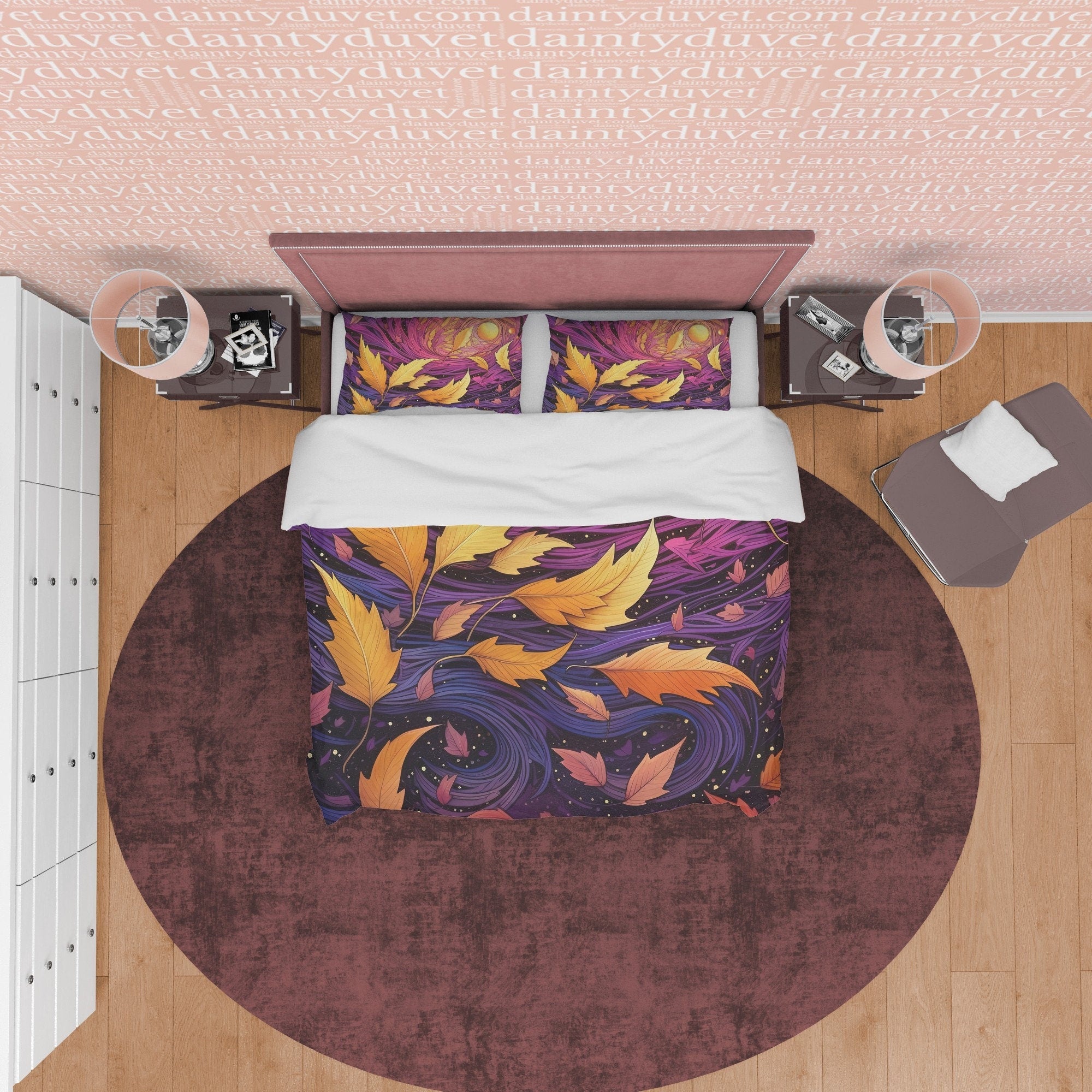Yellow Fall Leaves Duvet Cover Purple Autumn Bedding Set, Warm Autumn Colors Printed Quilt Cover, Foliage Bedspread