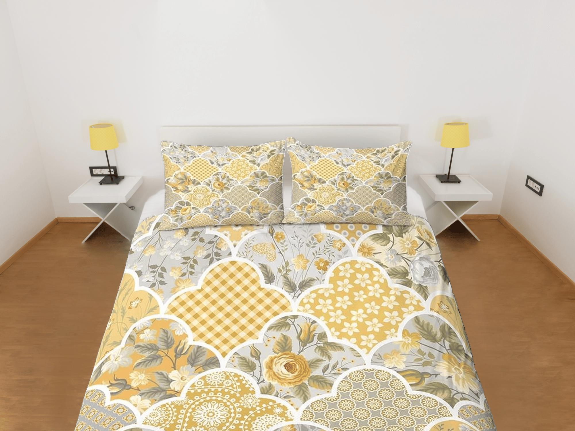 daintyduvet Yellow floral shabby chic patchwork quilt printed duvet cover set, aesthetic room decor bedding set full, king, queen size, boho bedspread