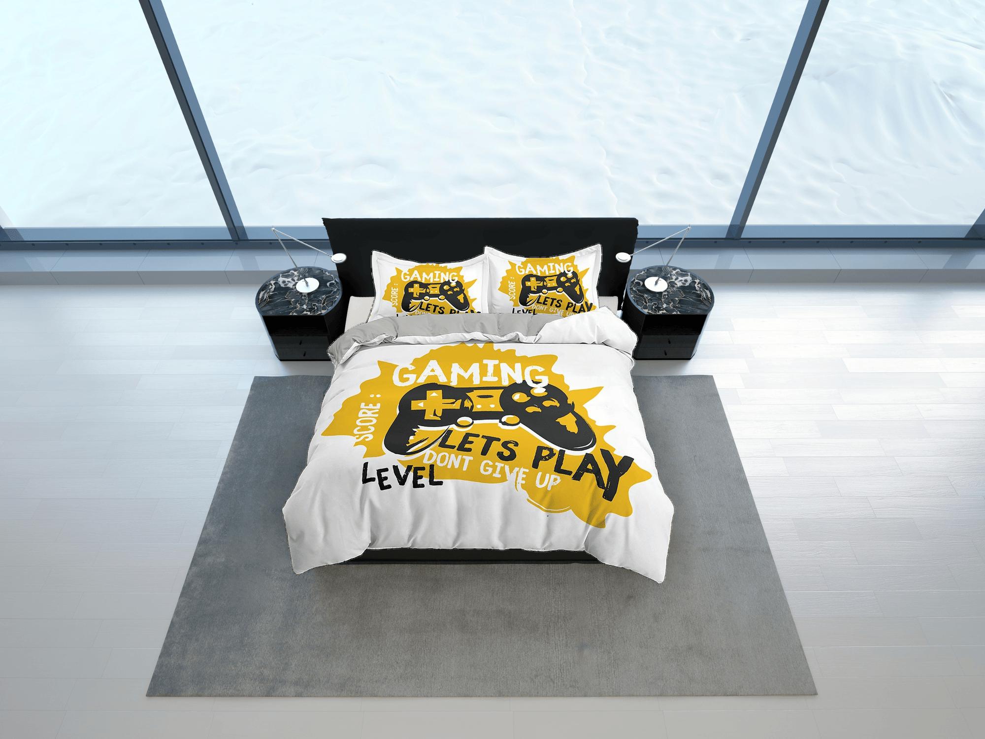 daintyduvet Yellow gamer bedding duvet cover, video gamer boyfriend gift bedding set full king queen twin, boys bedroom, college dorm bedding