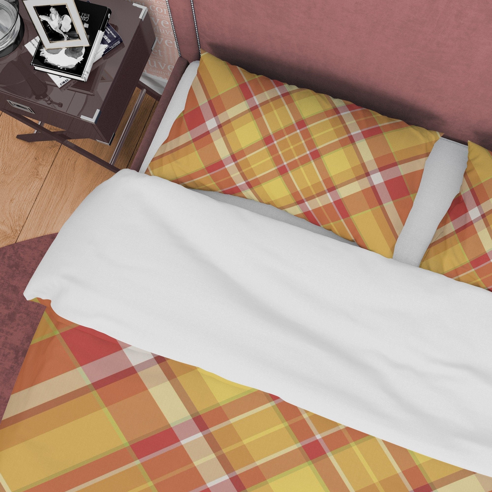 Yellow Orange Geometric Checkered Duvet Cover, Plaid Diagonal Bedding Set Modern Farmhouse Rustic Bedroom Set, Tartan Quilt Cover