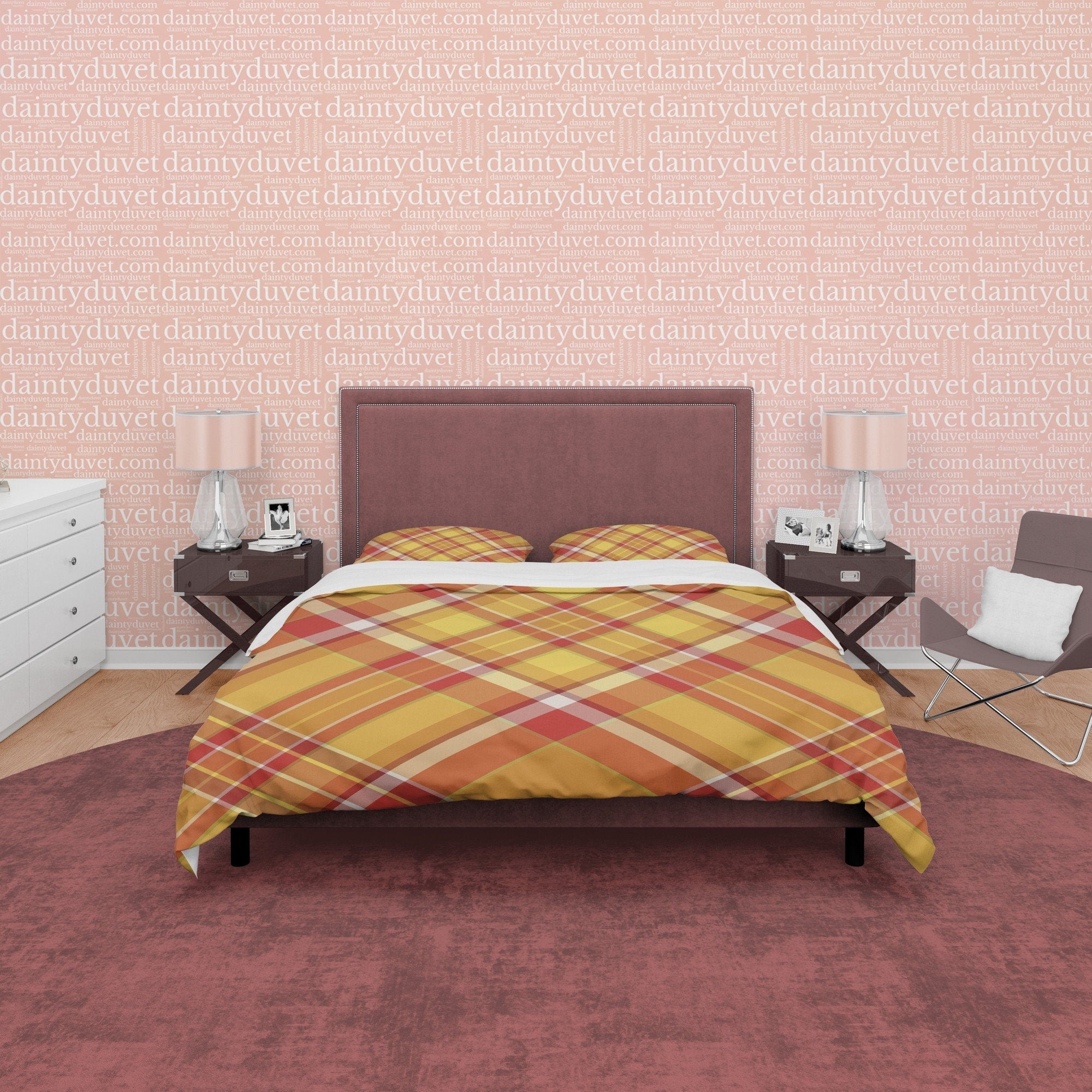 Yellow Orange Geometric Checkered Duvet Cover, Plaid Diagonal Bedding Set Modern Farmhouse Rustic Bedroom Set, Tartan Quilt Cover