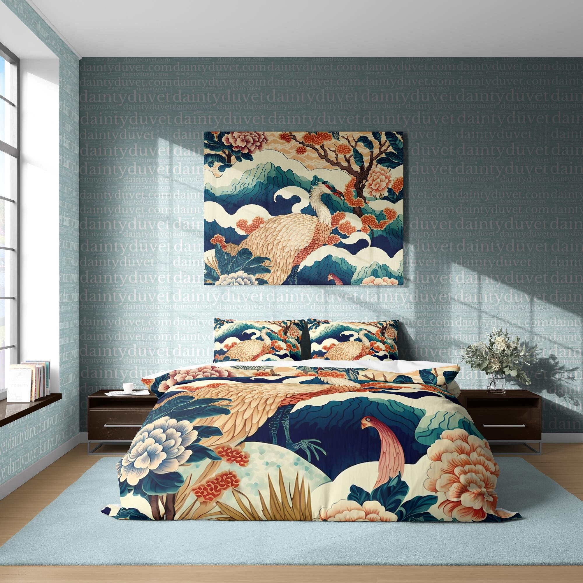 BeddingDesigner - Legendary Bird Duvet Cover Japanese Quilt Cover, Basan Bedding Set Mythical Creature Blanket Cover, Colorful Bedspread Wave Bed Cover